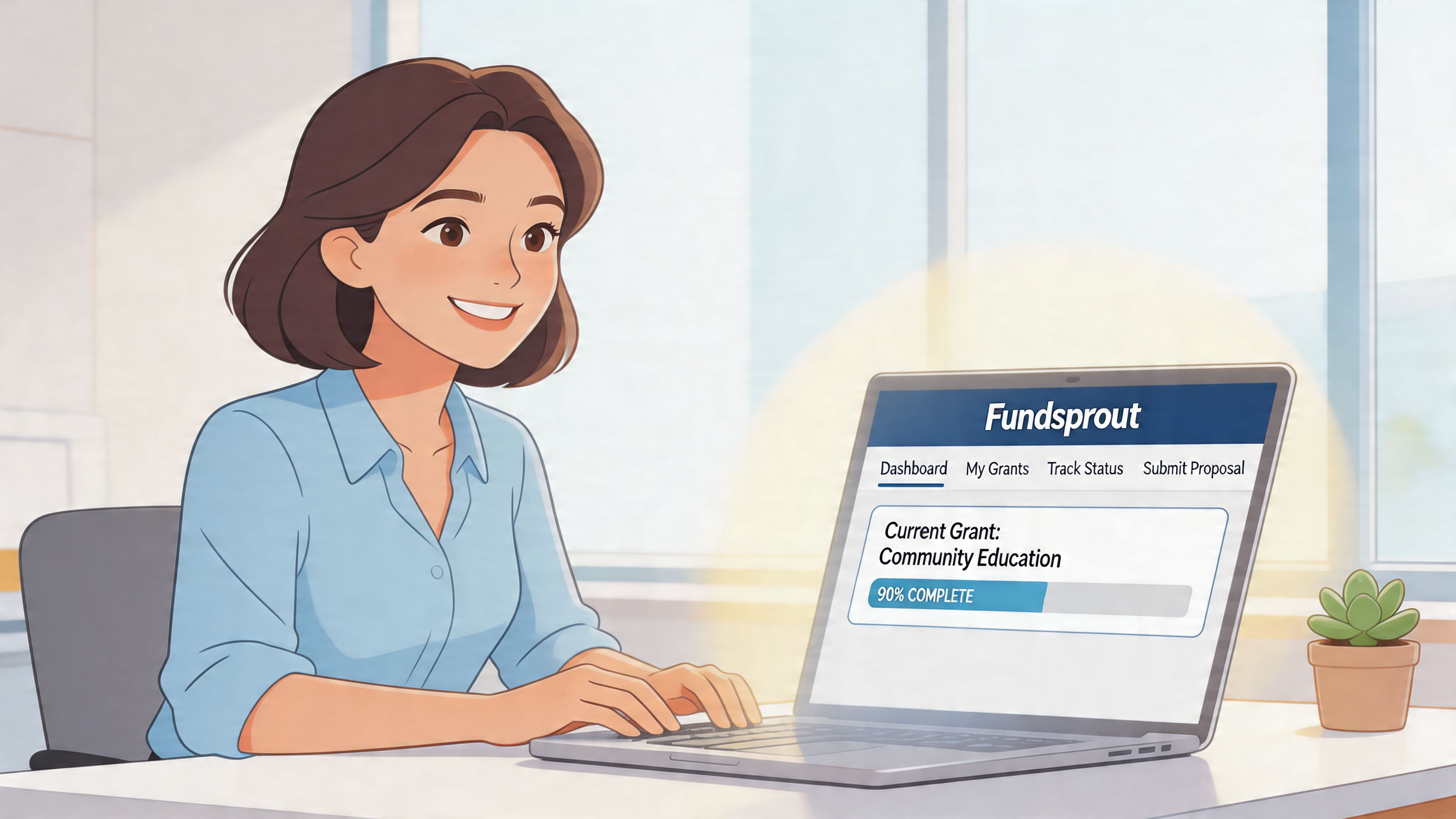 A professional woman smiling while using a laptop to manage a grant proposal on Fundsprout platform.