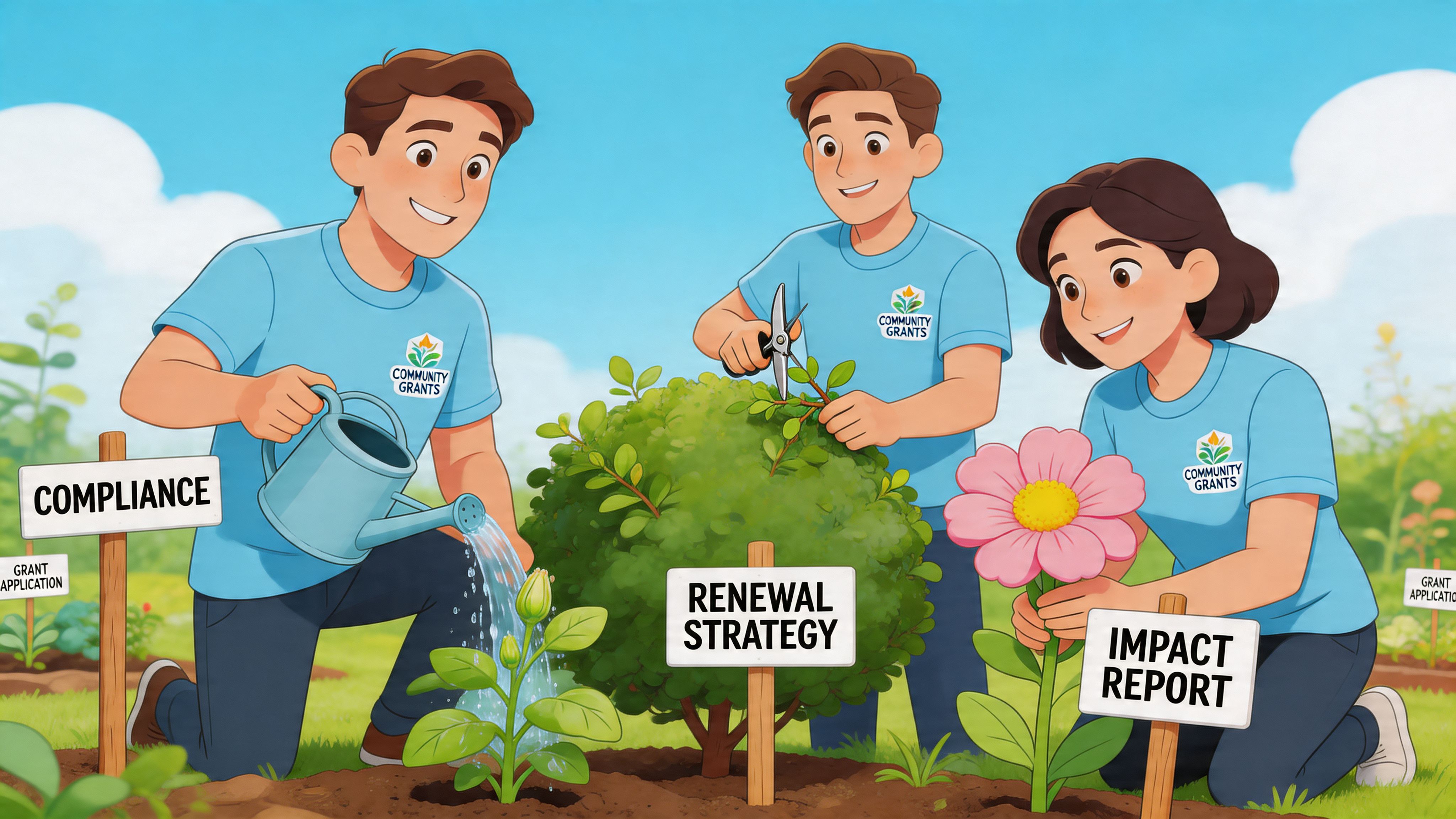 Three volunteers tending a community garden representing grant management processes like compliance, renewal strategy, and impact reporting.