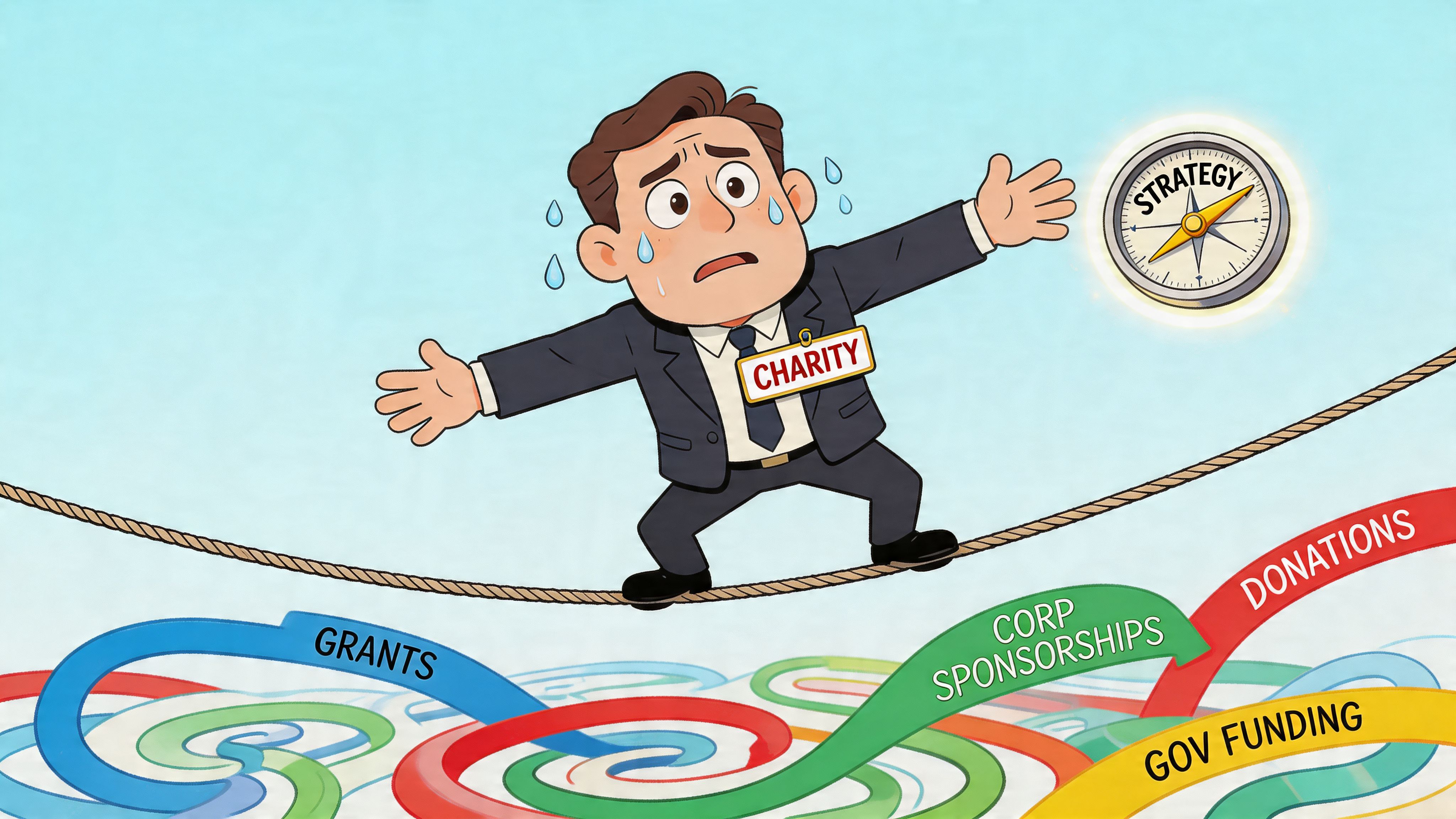 A worried charity worker balancing on a tightrope above a complex tangle of various funding paths.