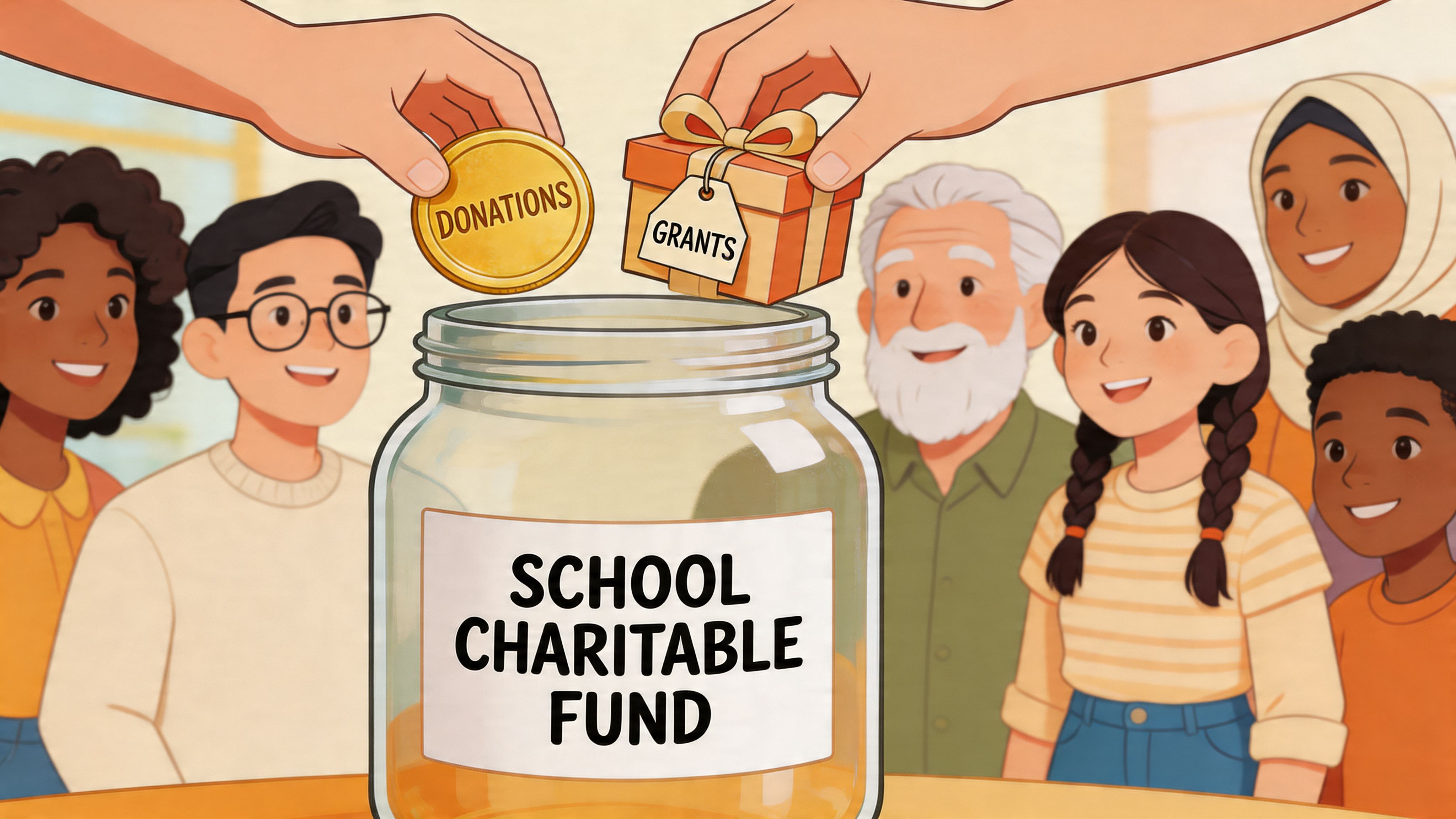 Diverse group of people placing a donation coin and grant gift box into a school charitable fund jar.