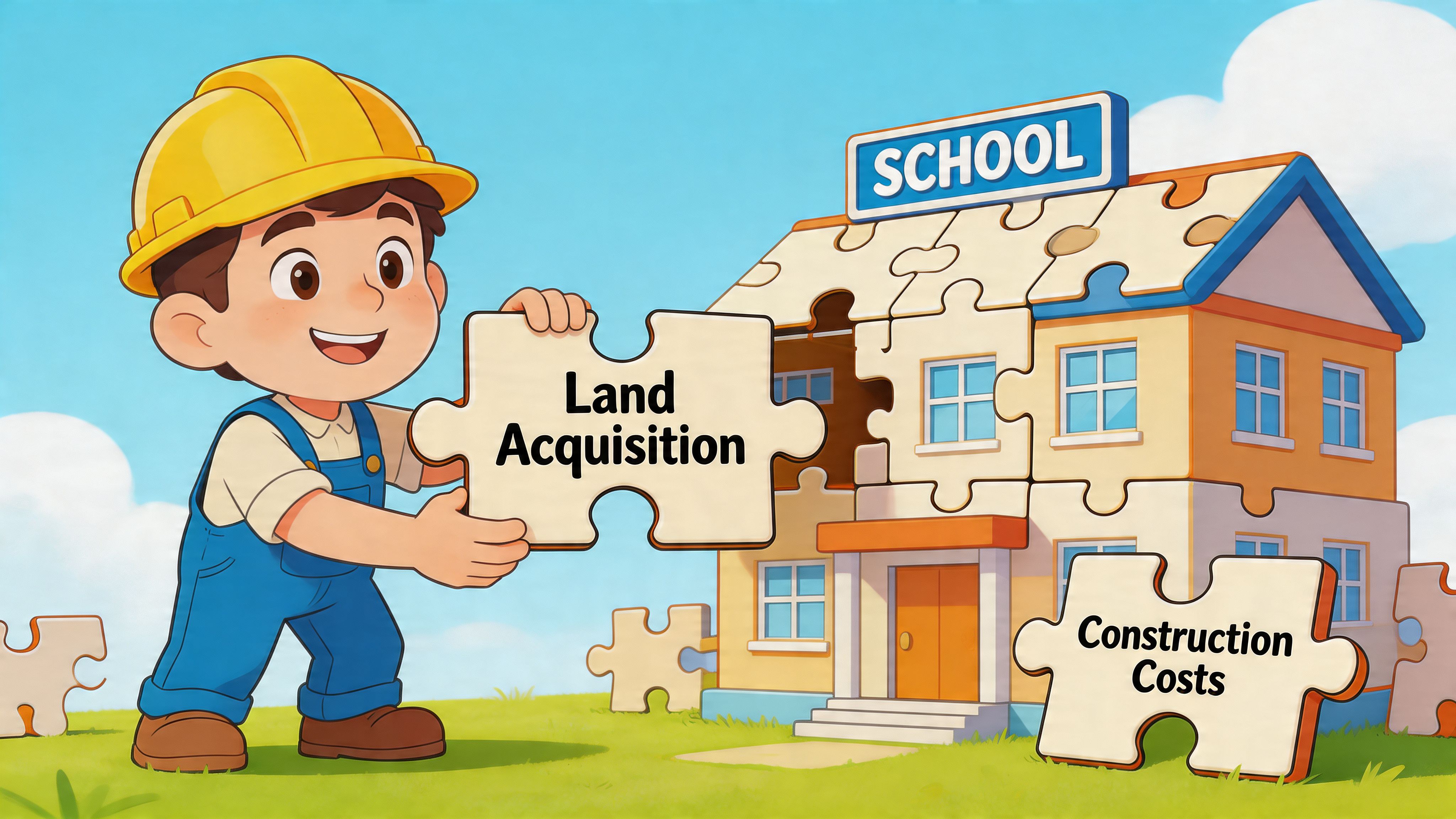 A cartoon construction worker placing puzzle pieces representing land acquisition and construction costs into a school model.