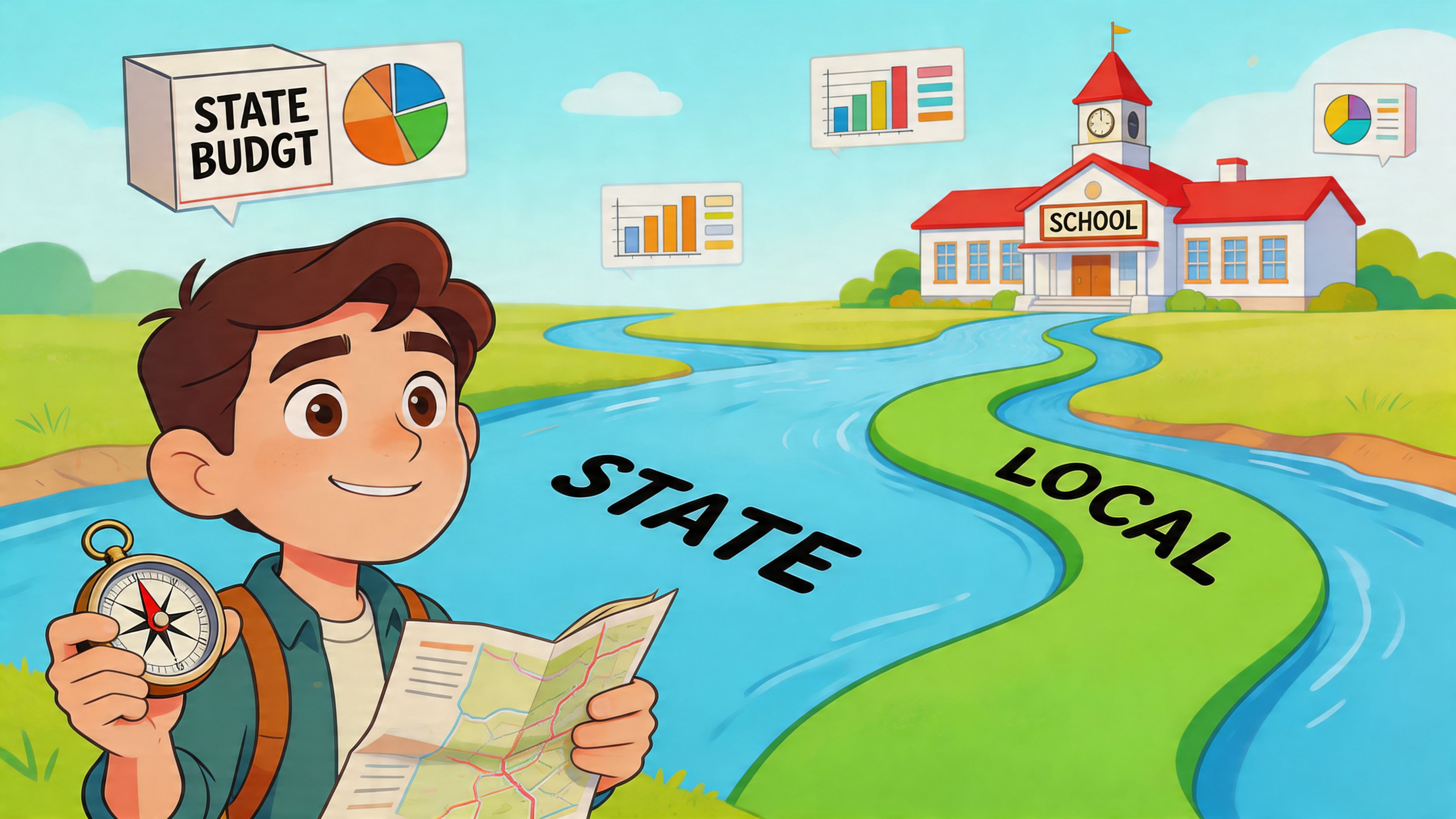 A young boy holds a map and compass as he explores pathways toward school funding sources.