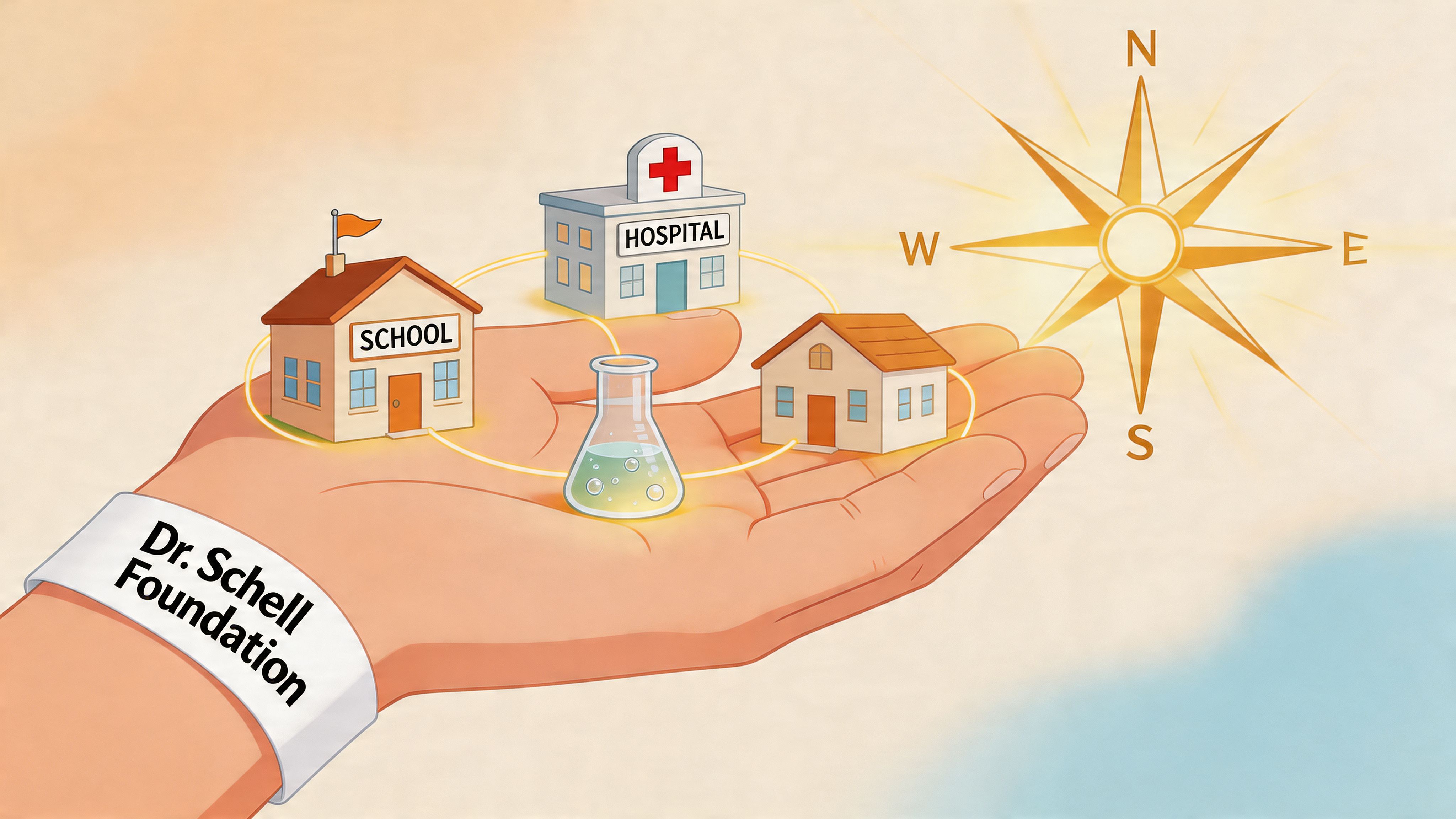 A hand holding a school, hospital, house, and chemical flask representing the Dr. Schell Foundation mission.