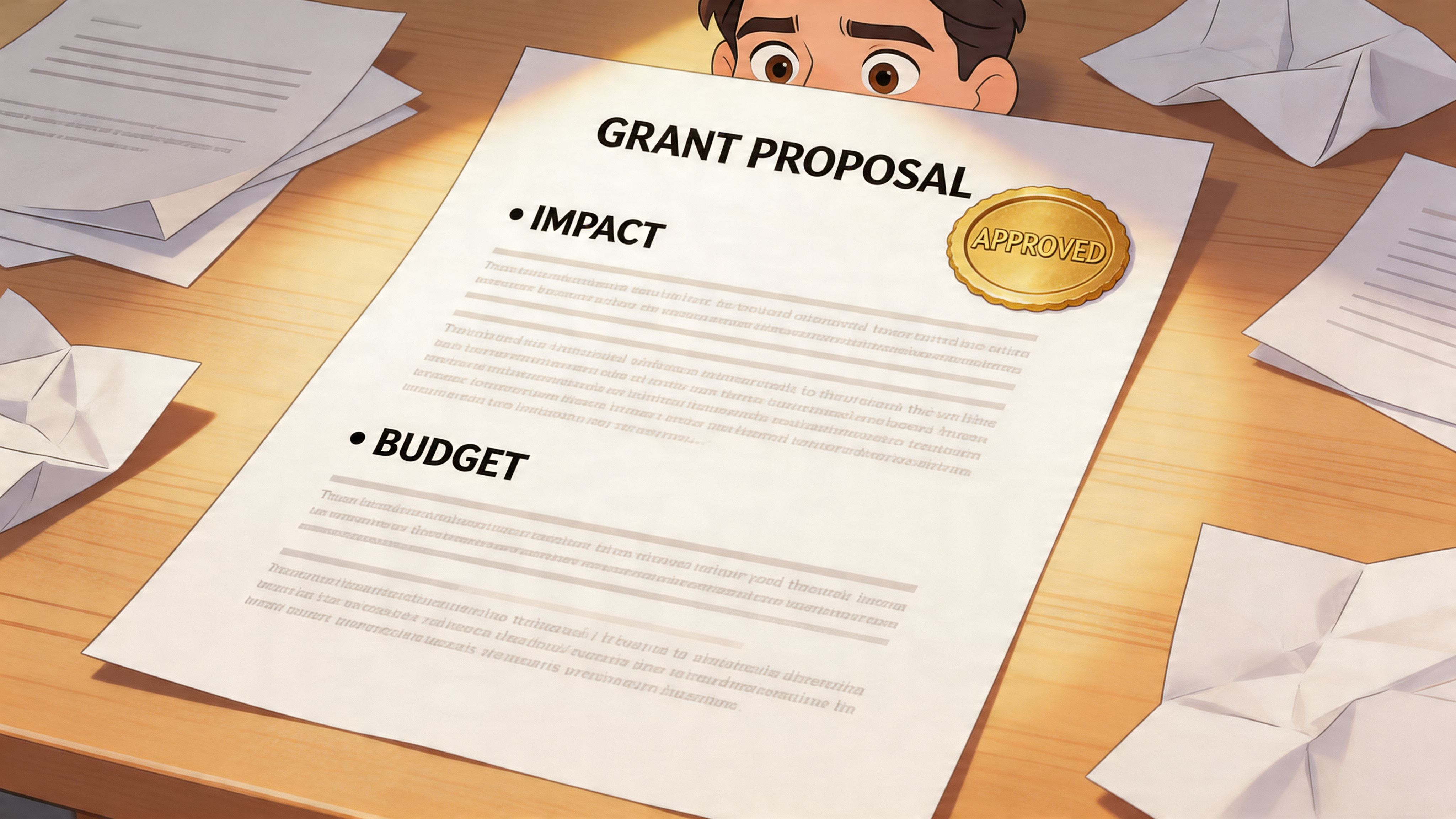 A close-up illustration of an approved grant proposal document lying on a desk with a character peering over it.