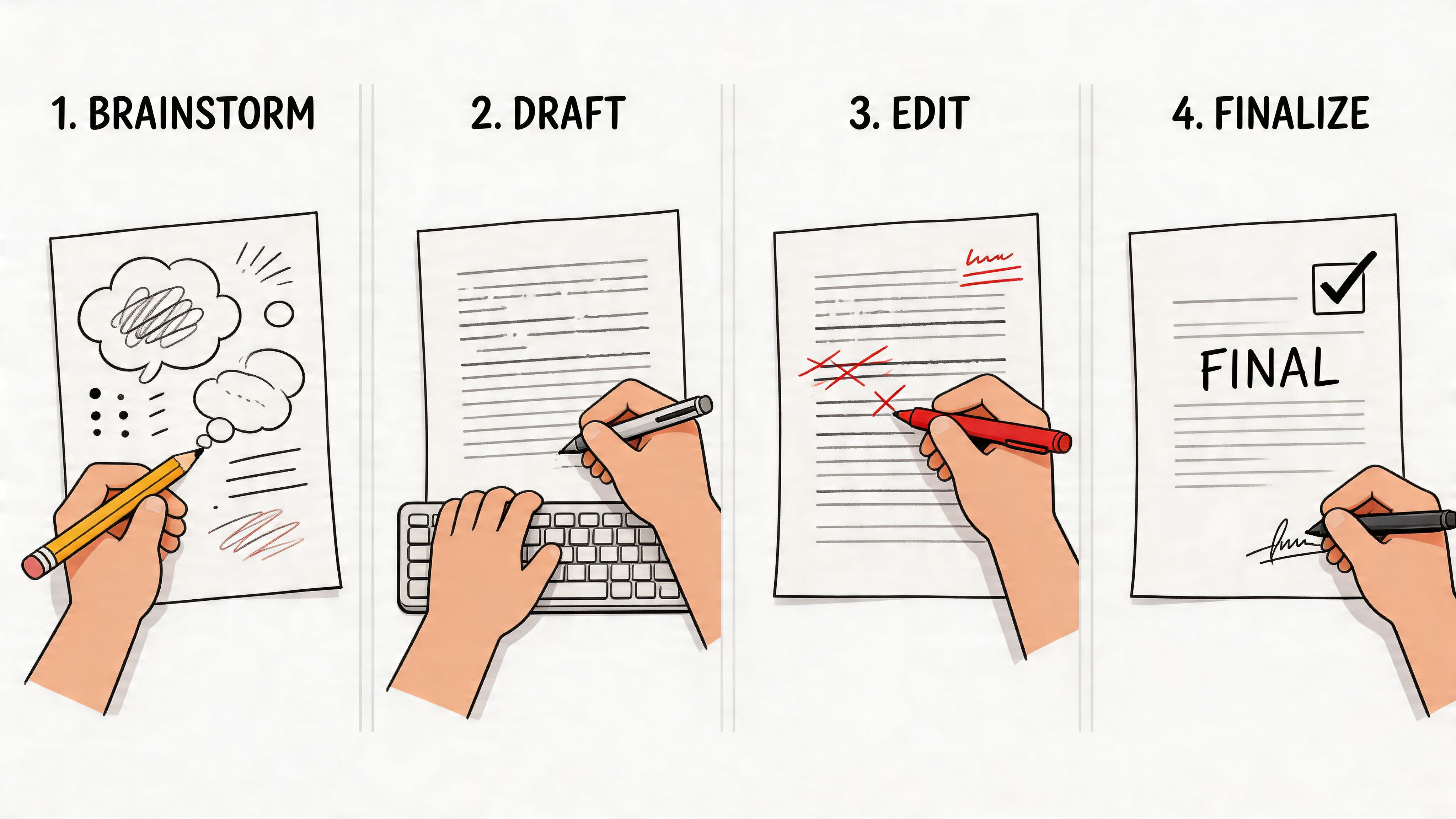 A four-step writing process illustration showing brainstorming, drafting, editing, and finalizing documents with hands and pens.