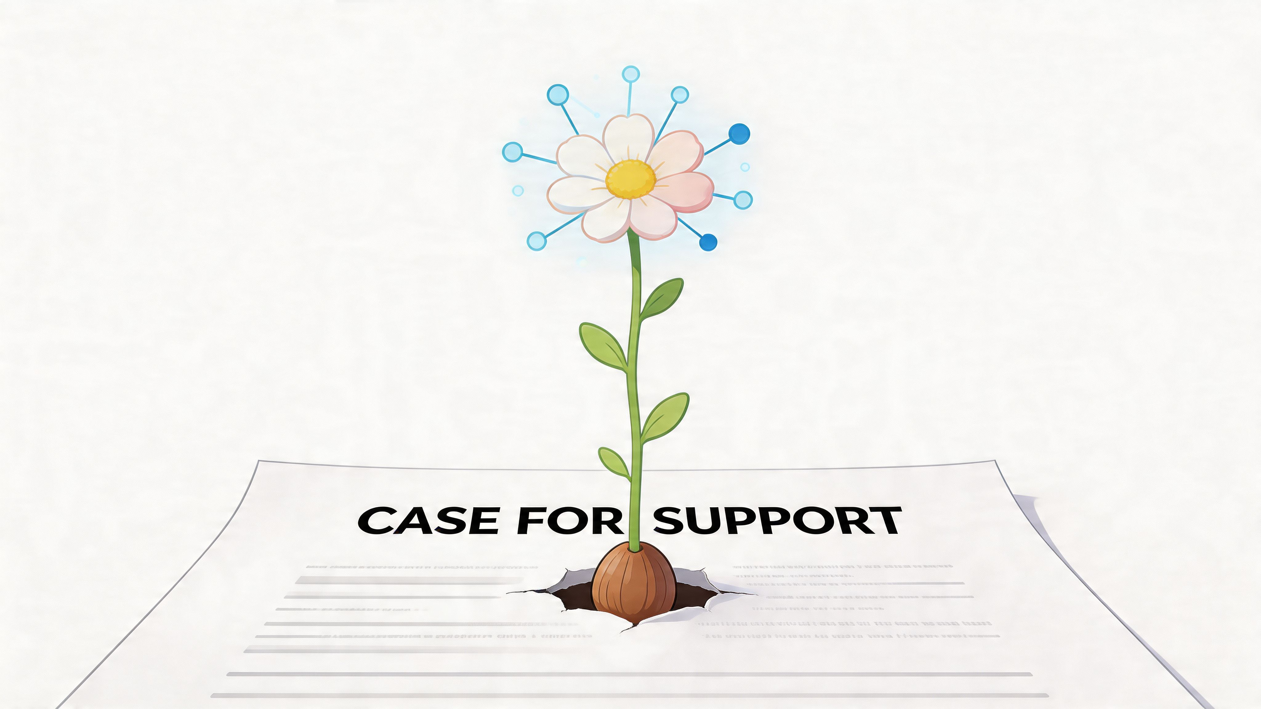 A conceptual illustration of a flower growing from a document titled Case for Support.