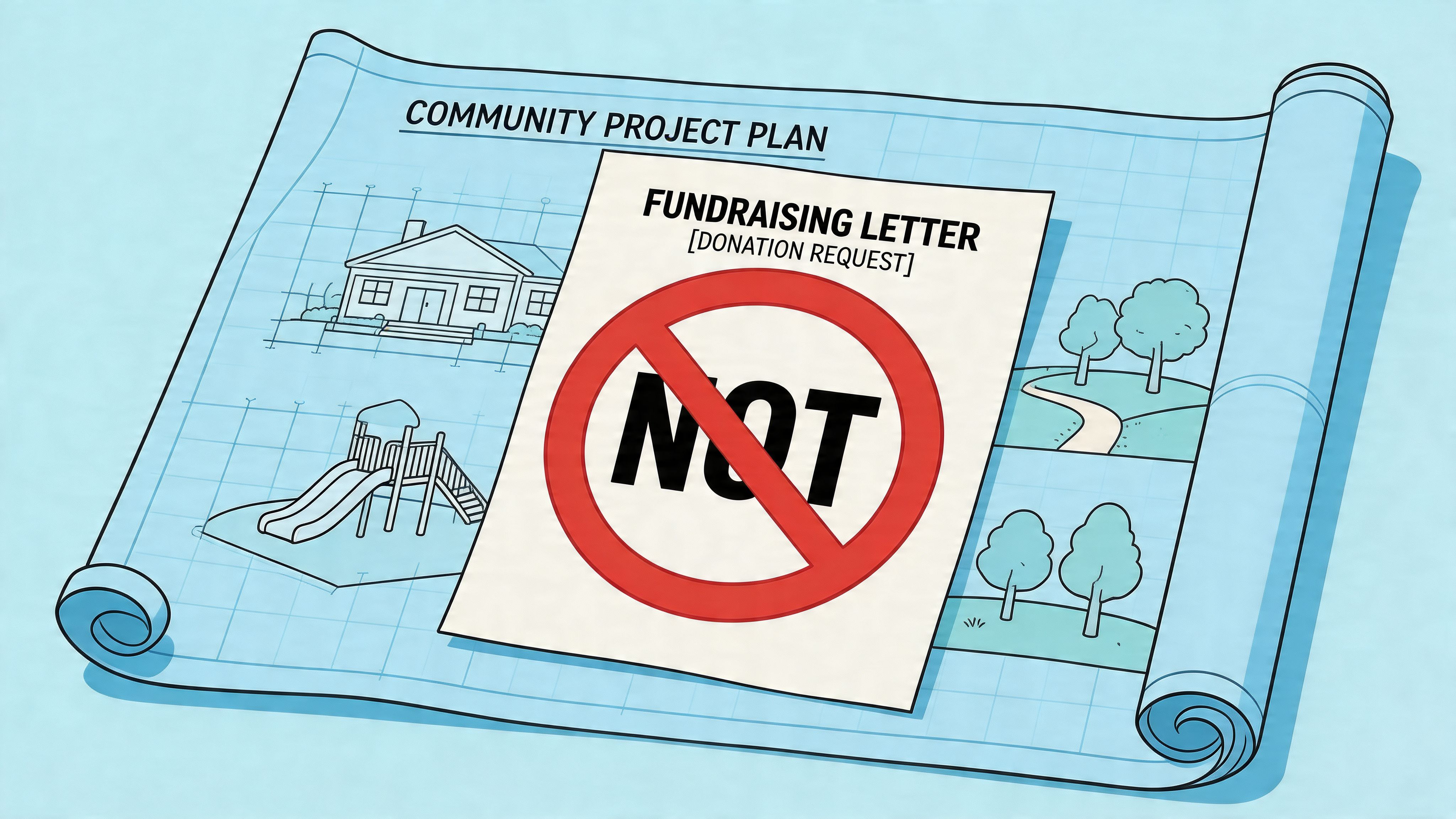 A blueprint of a community project with a document prohibiting a fundraising donation request letter.