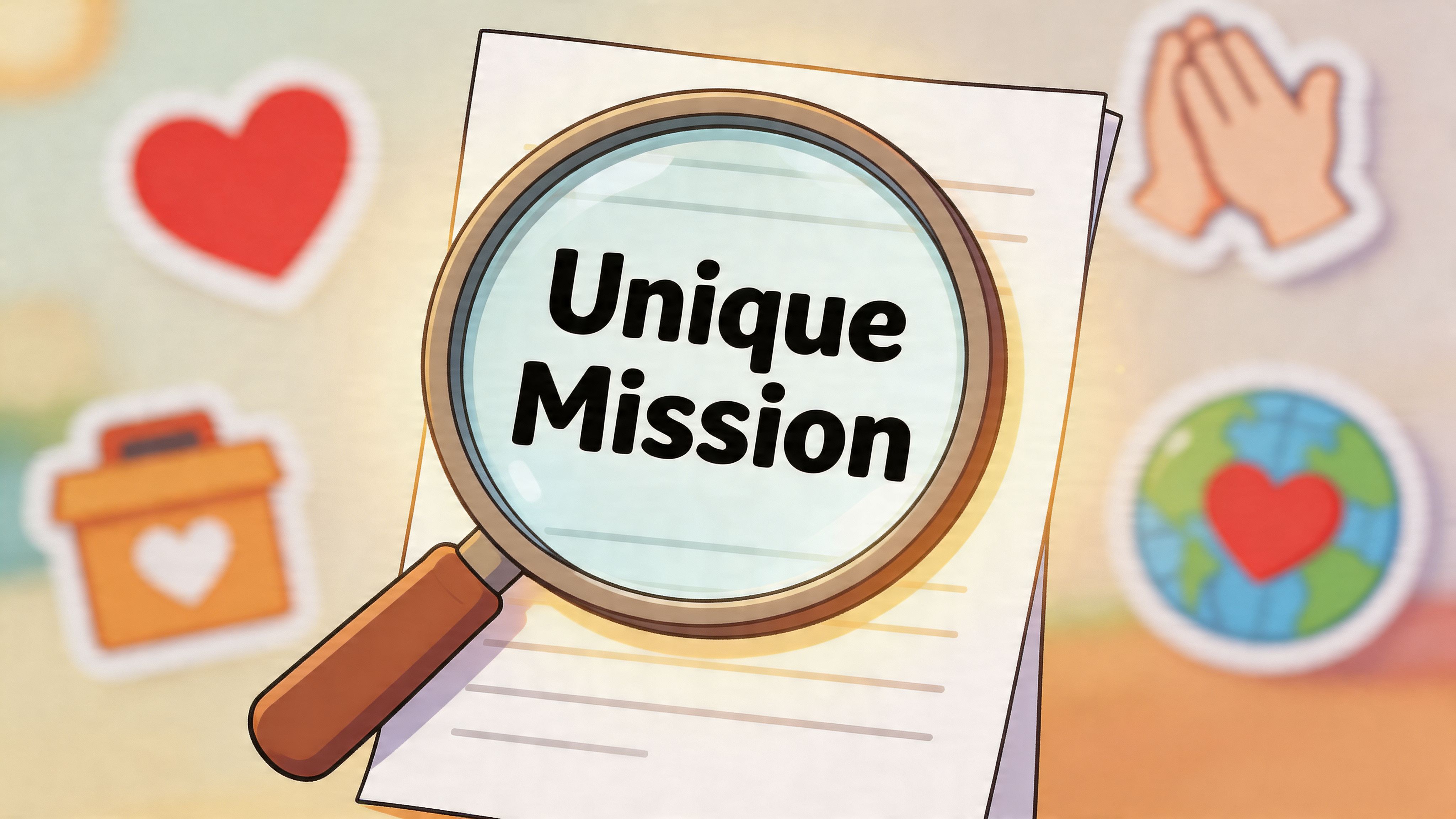 A magnifying glass focusing on the words Unique Mission on a sheet of paper with colorful stickers.