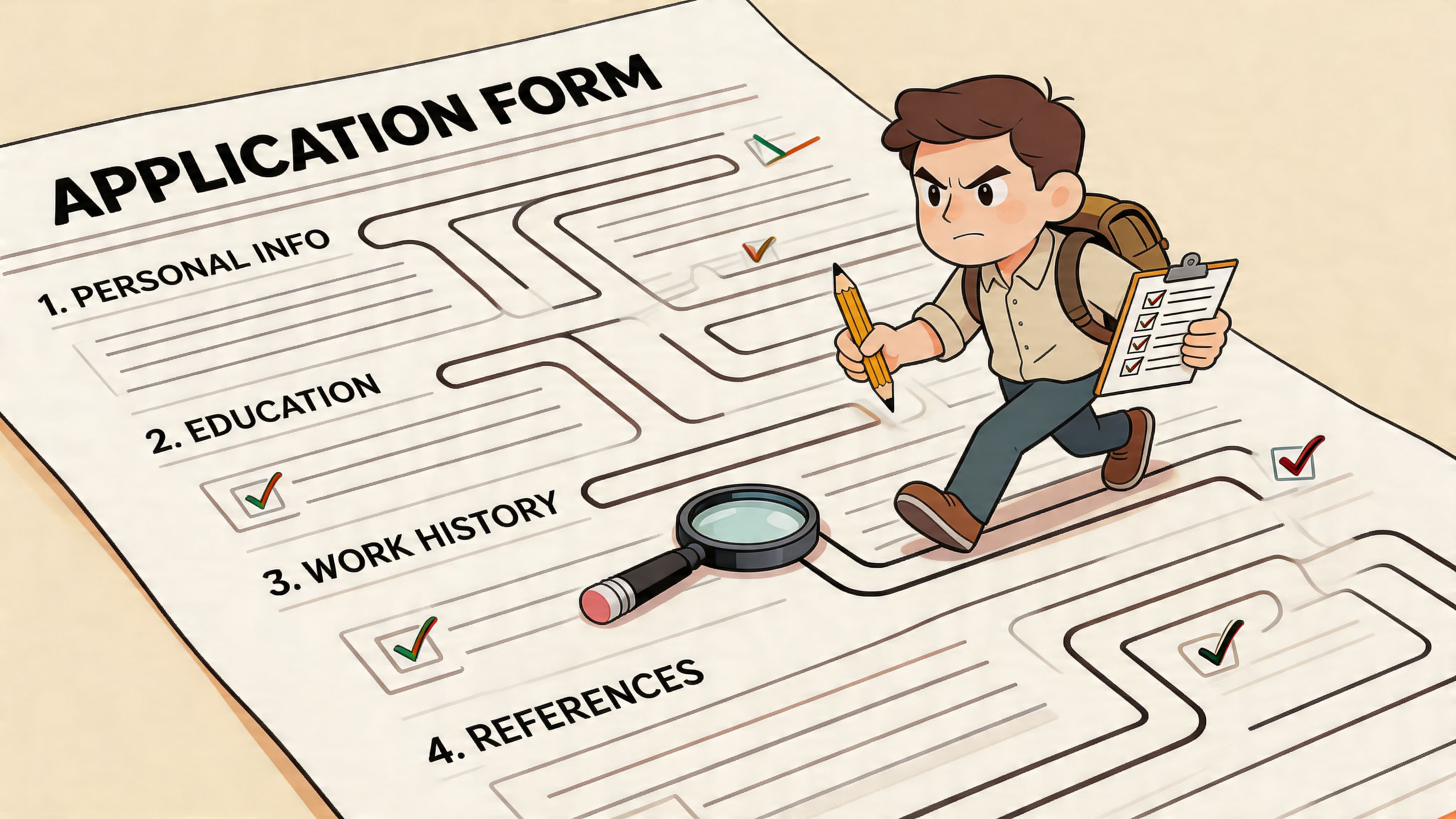 A cartoon illustration of a determined man navigating a maze-like job application form with a pencil.