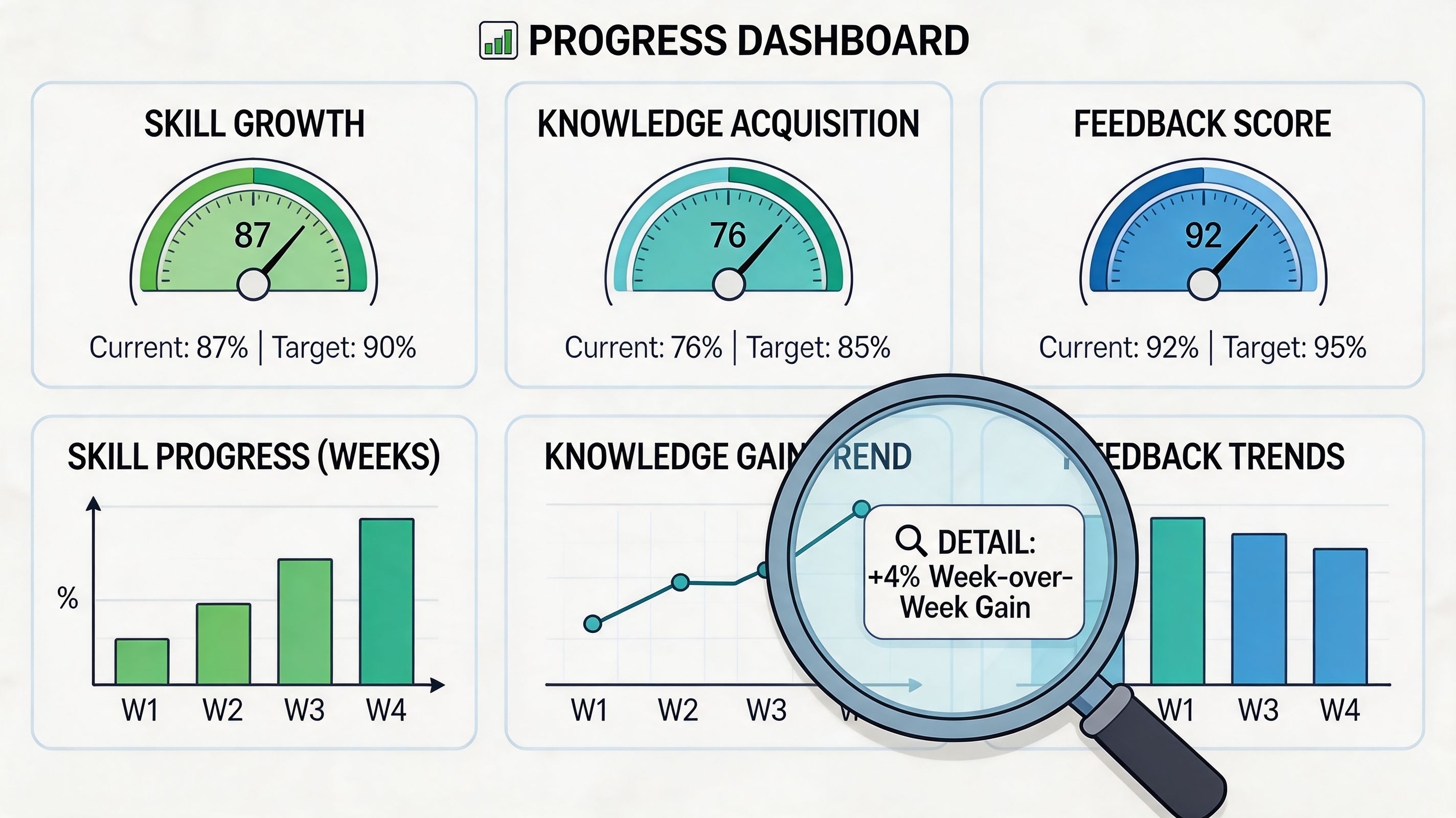 A progress dashboard showing charts and gauges for skill growth, knowledge acquisition, and feedback scores.