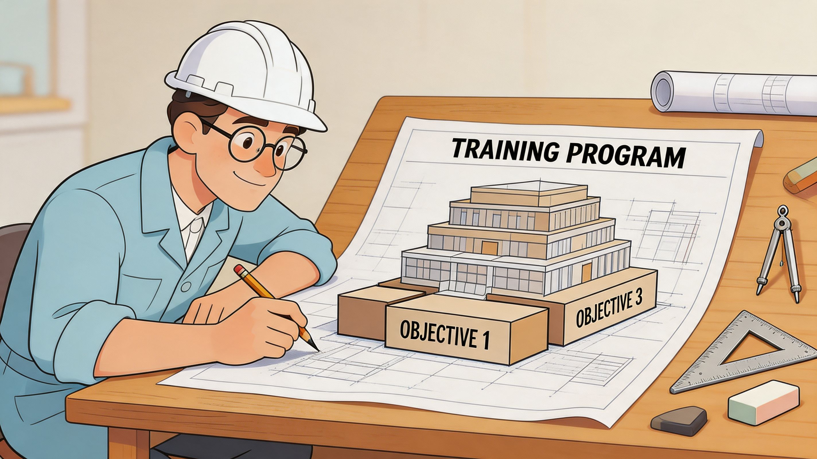 A professional engineer in a hard hat drawing architectural plans for a training program on a desk.