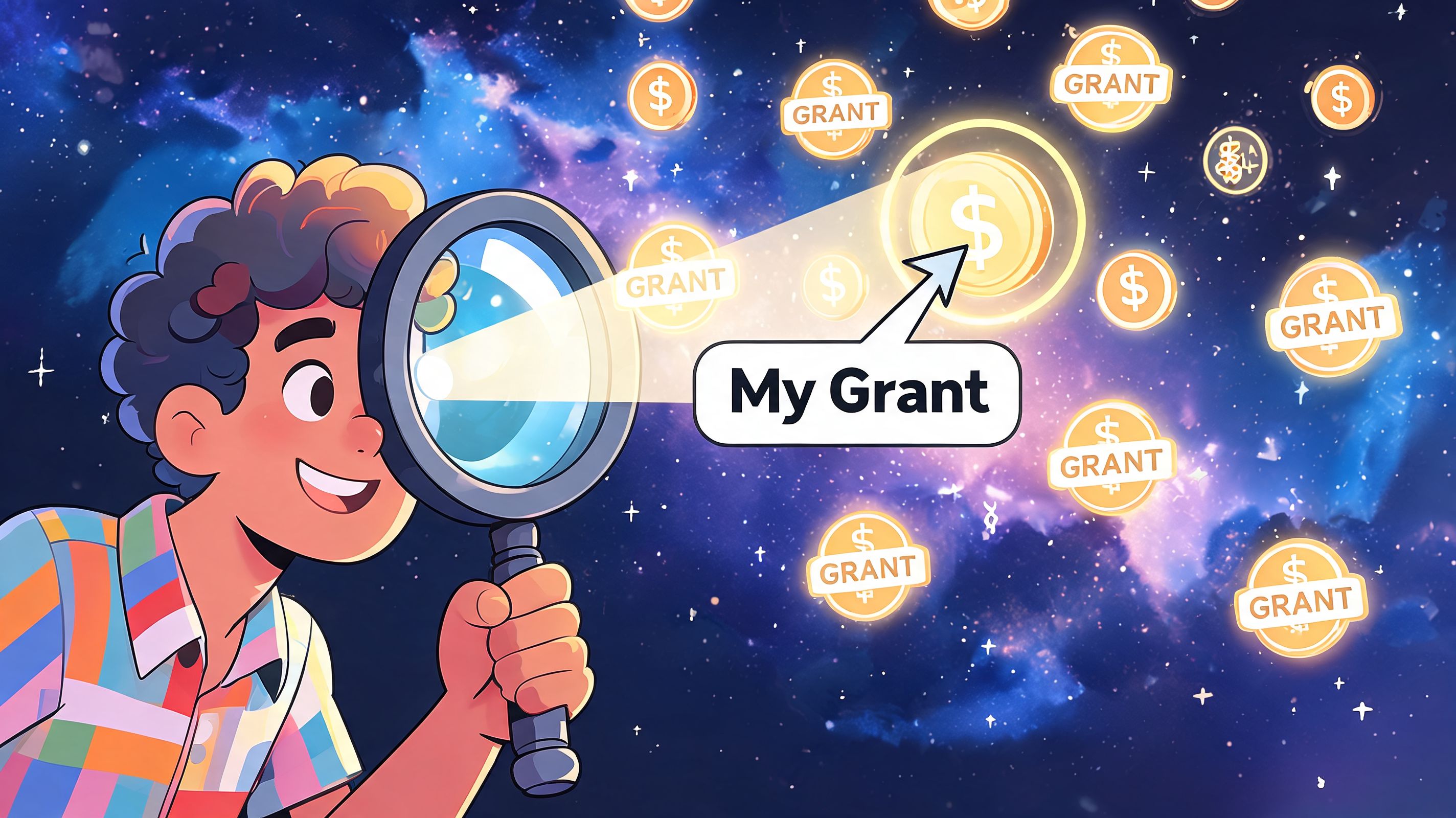 A boy looking through a magnifying glass at floating golden coins labeled as grants in space.