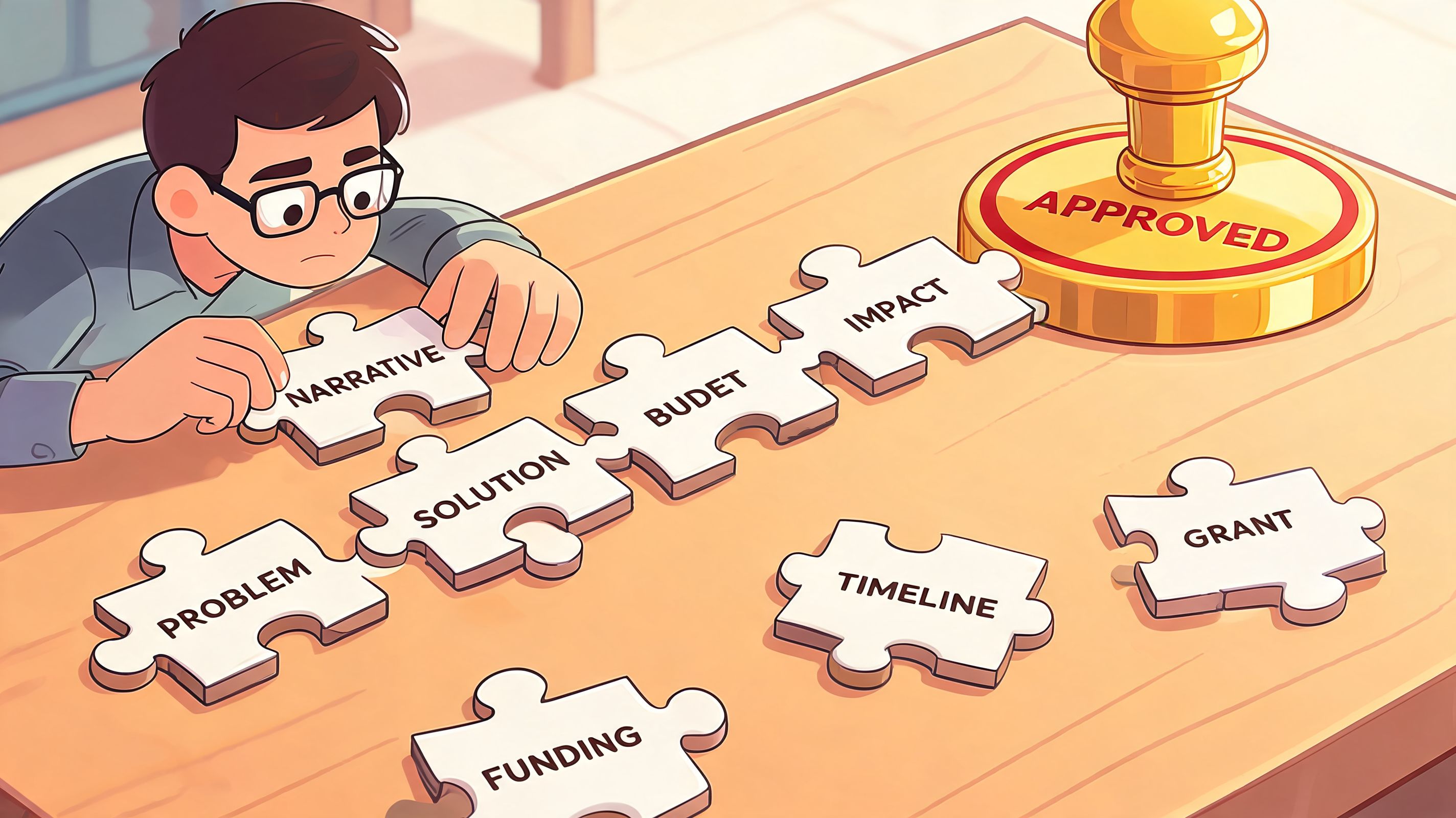 A person assembling puzzle pieces labeled with grant proposal components on a table with an approved stamp.