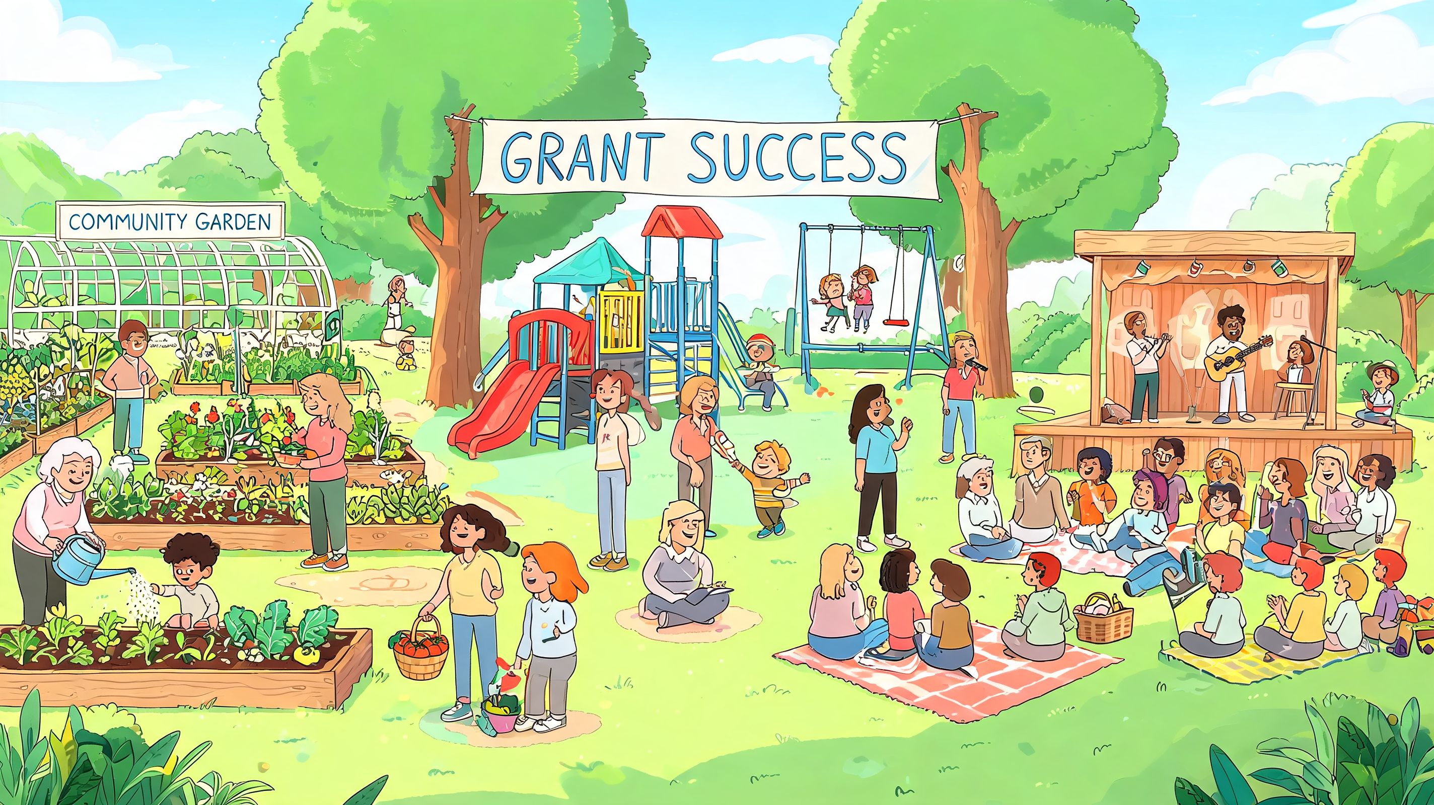 A vibrant community park scene showing a community garden, playground, and an outdoor musical performance.