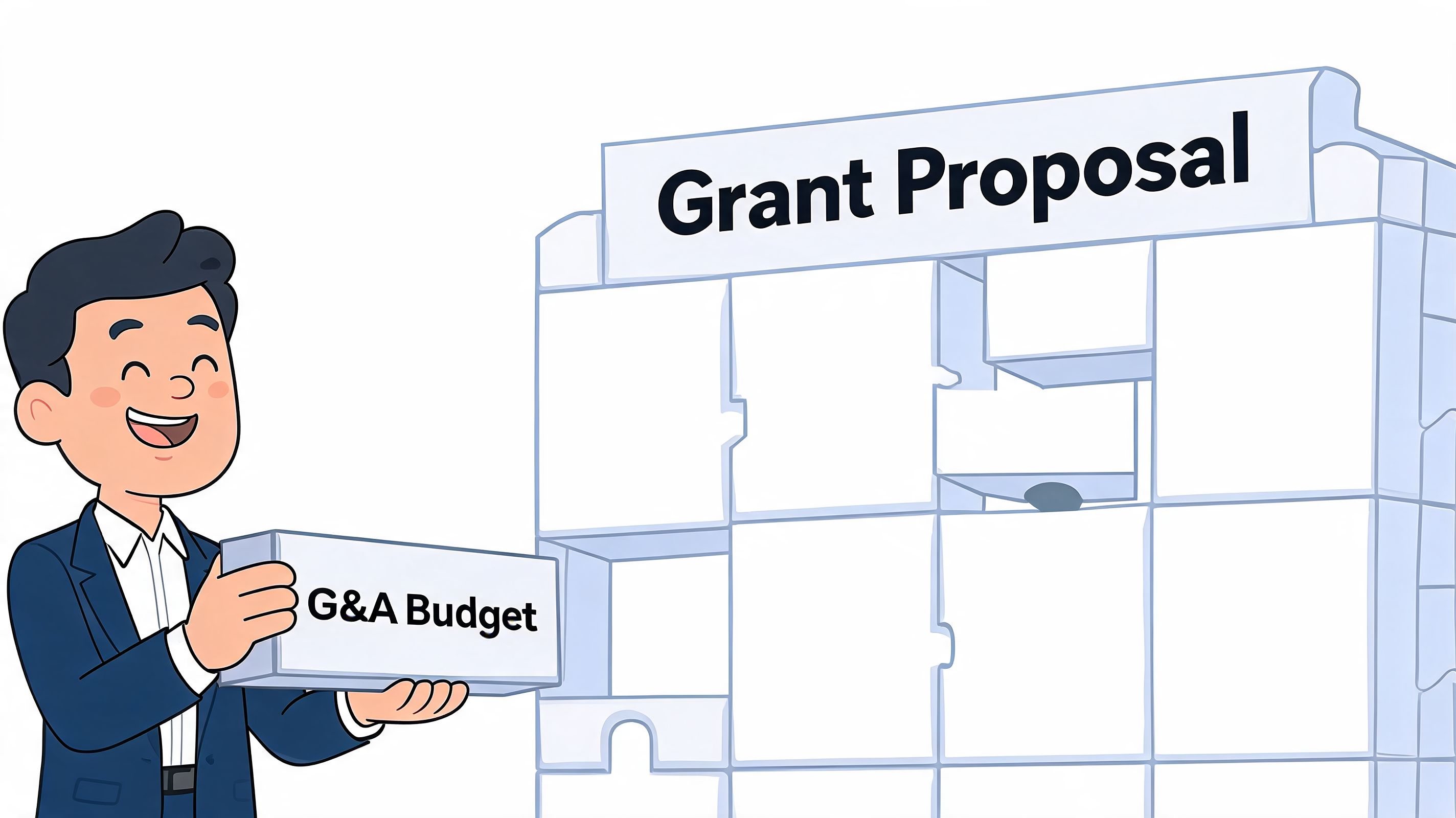 A professional man holding a block labeled G&A Budget next to a large Grant Proposal puzzle structure.
