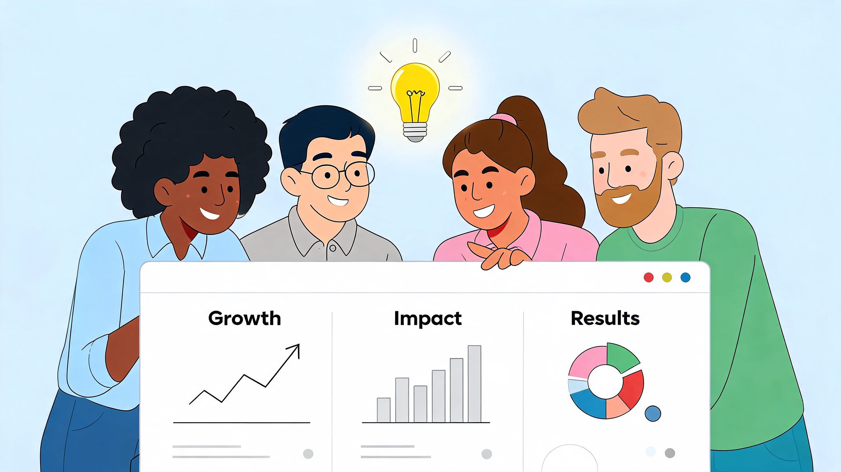 A diverse group of professionals looking at a digital dashboard displaying growth, impact, and results metrics.