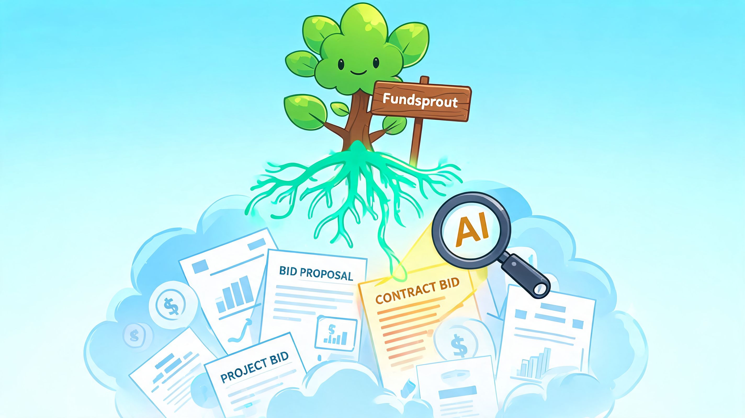 A cute tree named Fundsprout with roots analyzing financial bid documents using artificial intelligence, illustrated in vector style.