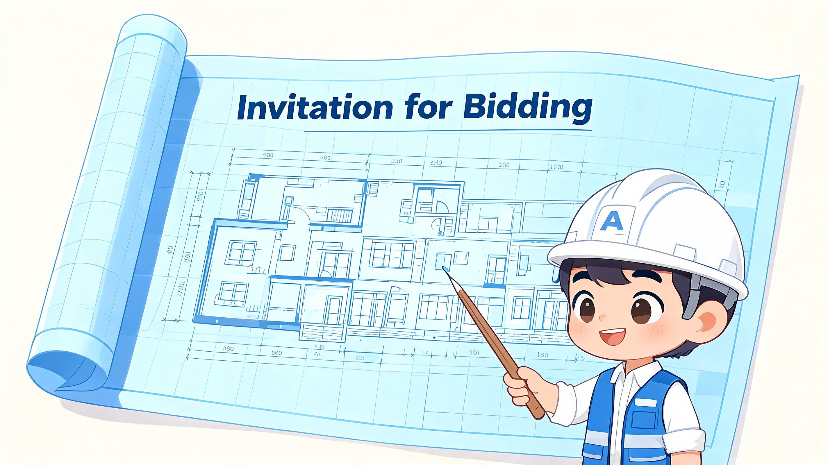 A cartoon engineer pointing at a floor plan blueprint with the title Invitation for Bidding written above.