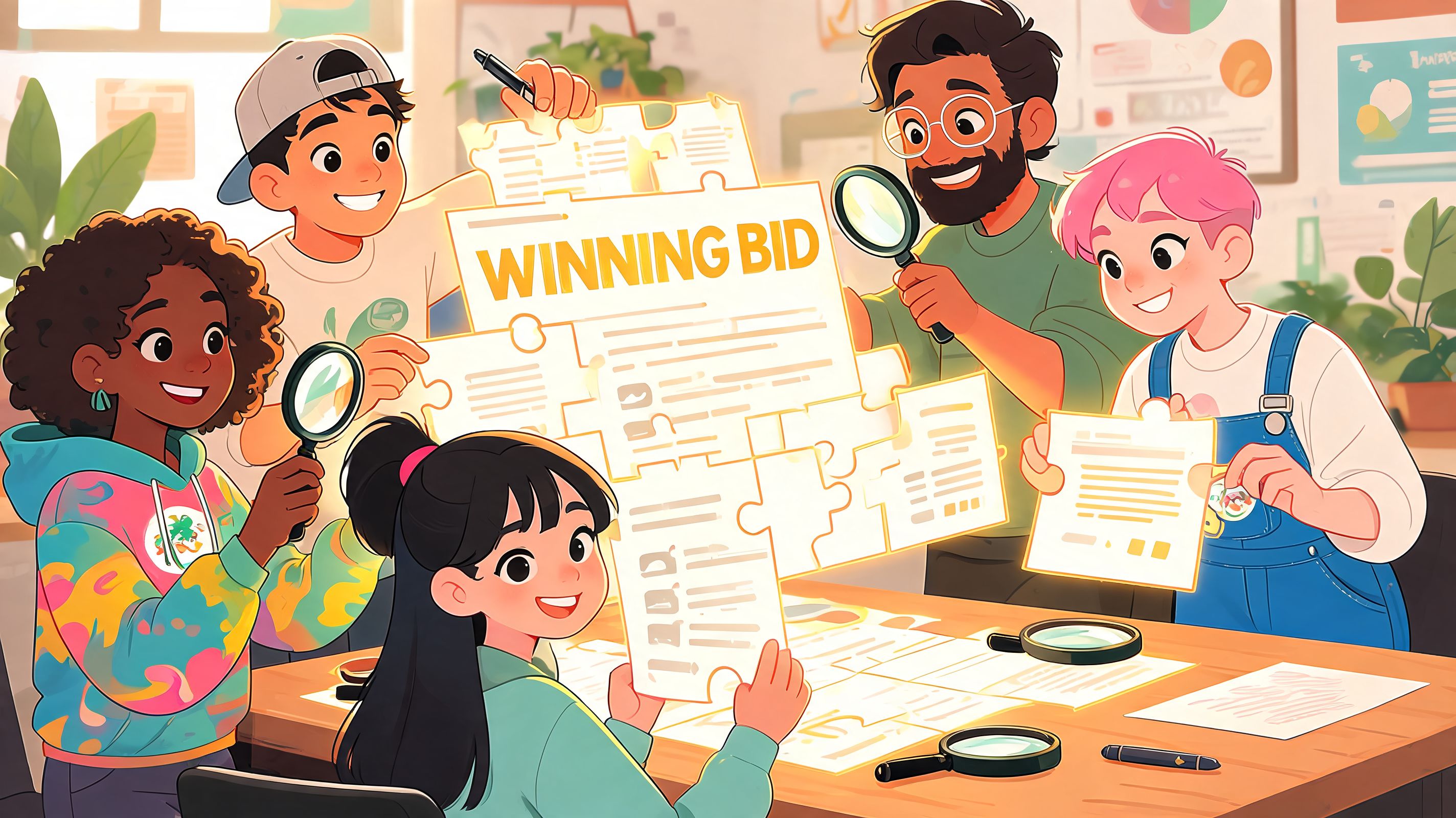 A diverse group of creative professionals working together on a collaborative project titled Winning Bid.