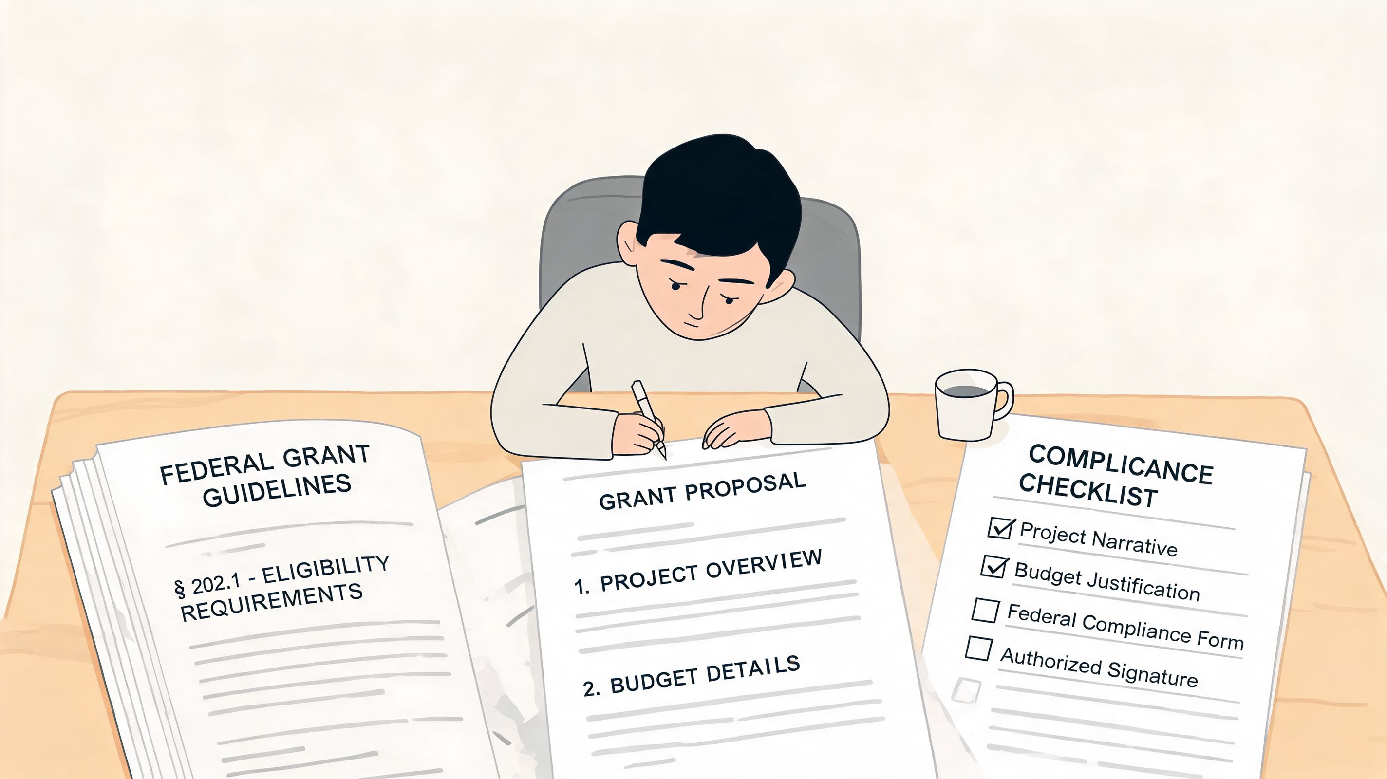 A person sitting at a desk carefully reviewing a grant proposal and federal compliance checklist documents.