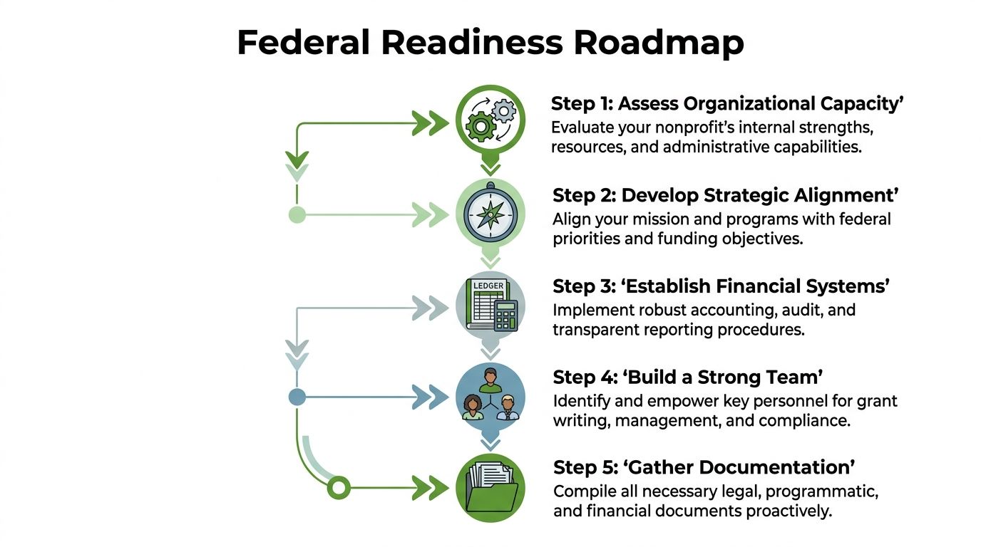 A five step Federal Readiness Roadmap flowchart for nonprofits to prepare for federal grant and business opportunities.