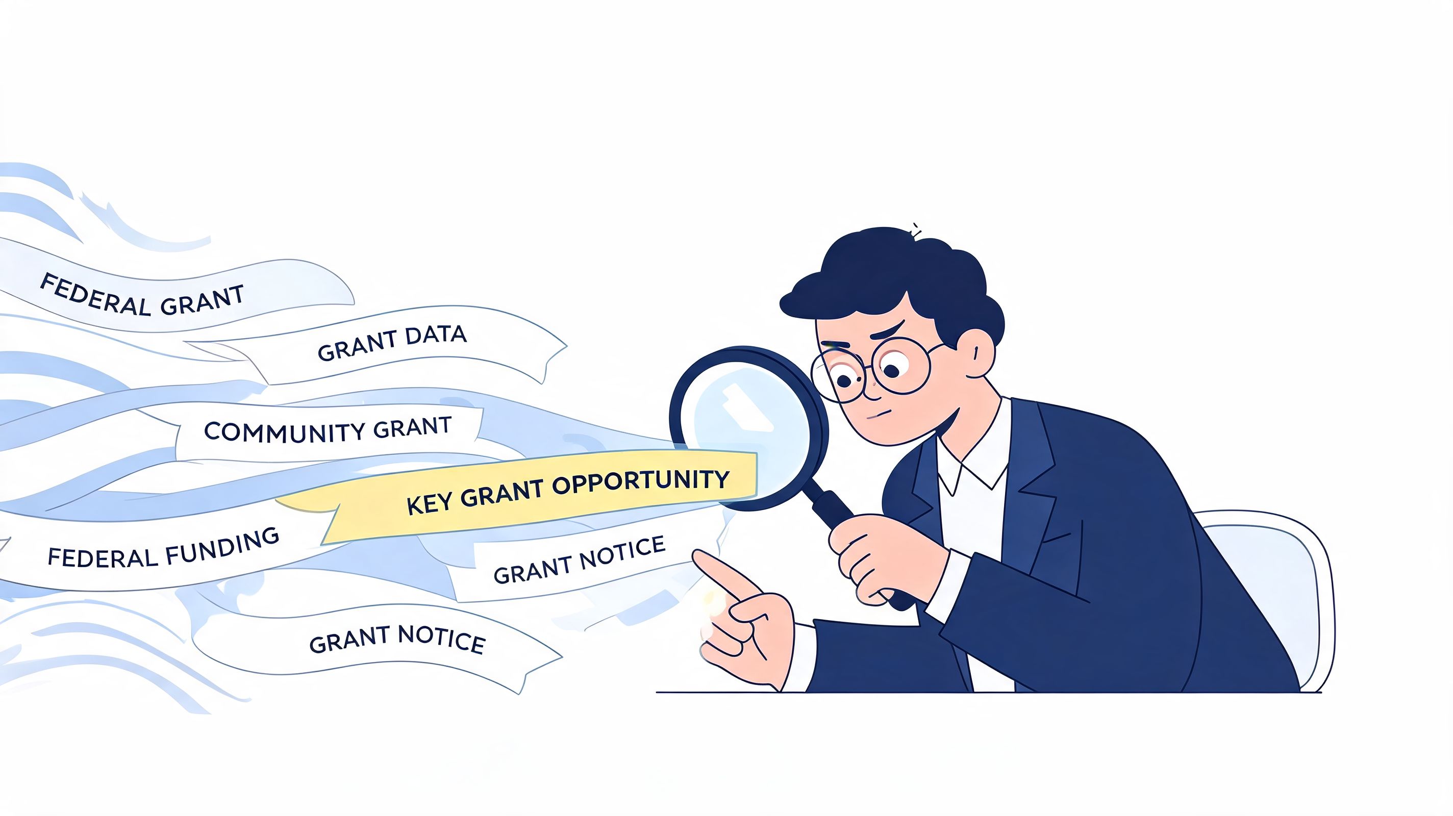 A professional man using a magnifying glass to identify key grant opportunities from a flow of information.