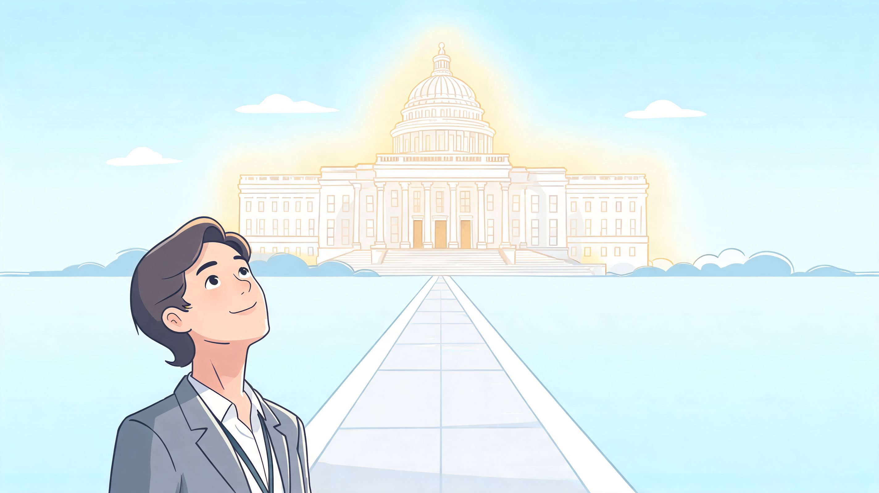 A young professional looking up at a glowing, illustrated version of the United States Capitol Building.