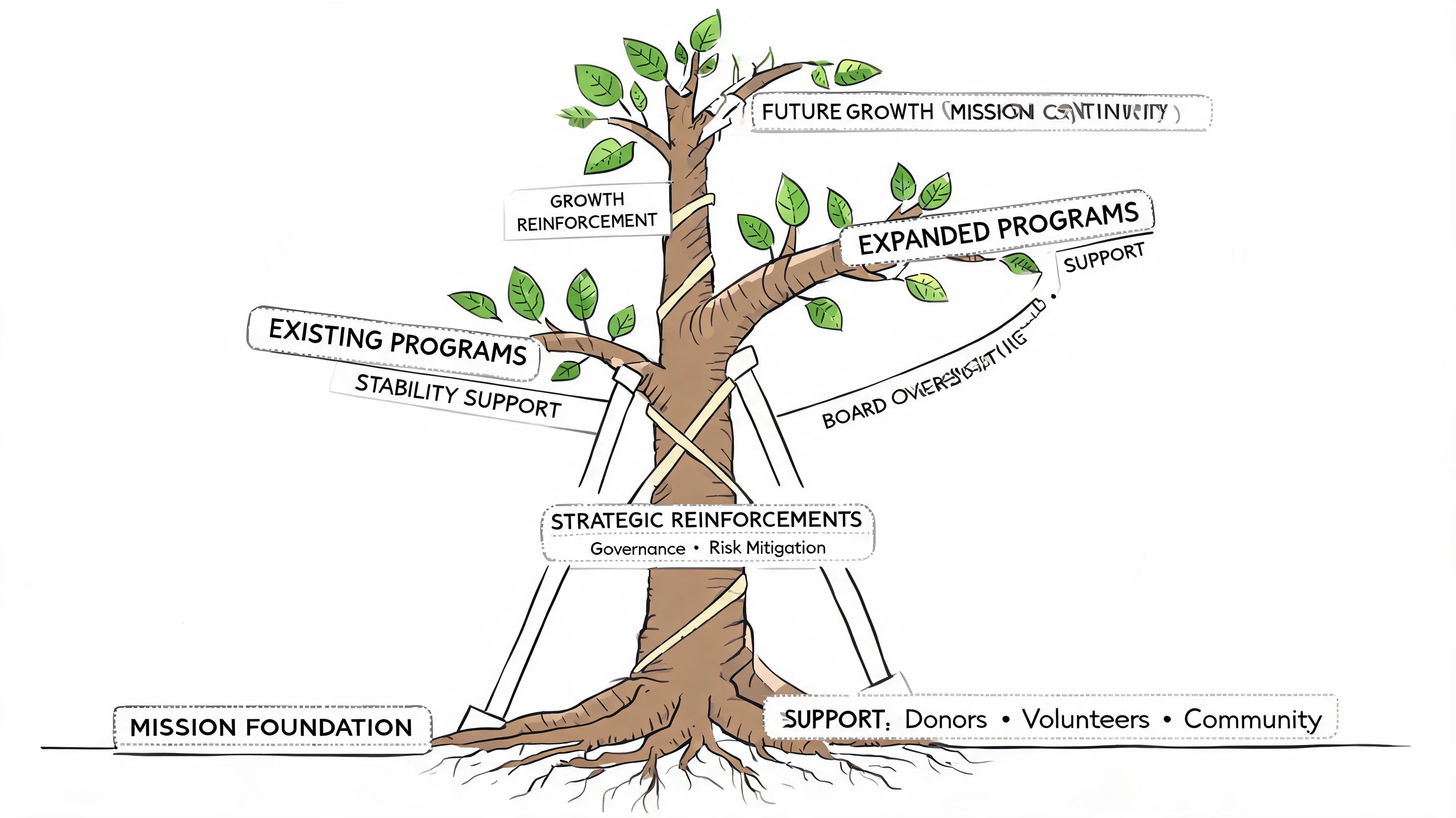 A hand-drawn illustration depicting a tree structure representing the organizational framework and support systems of a nonprofit.