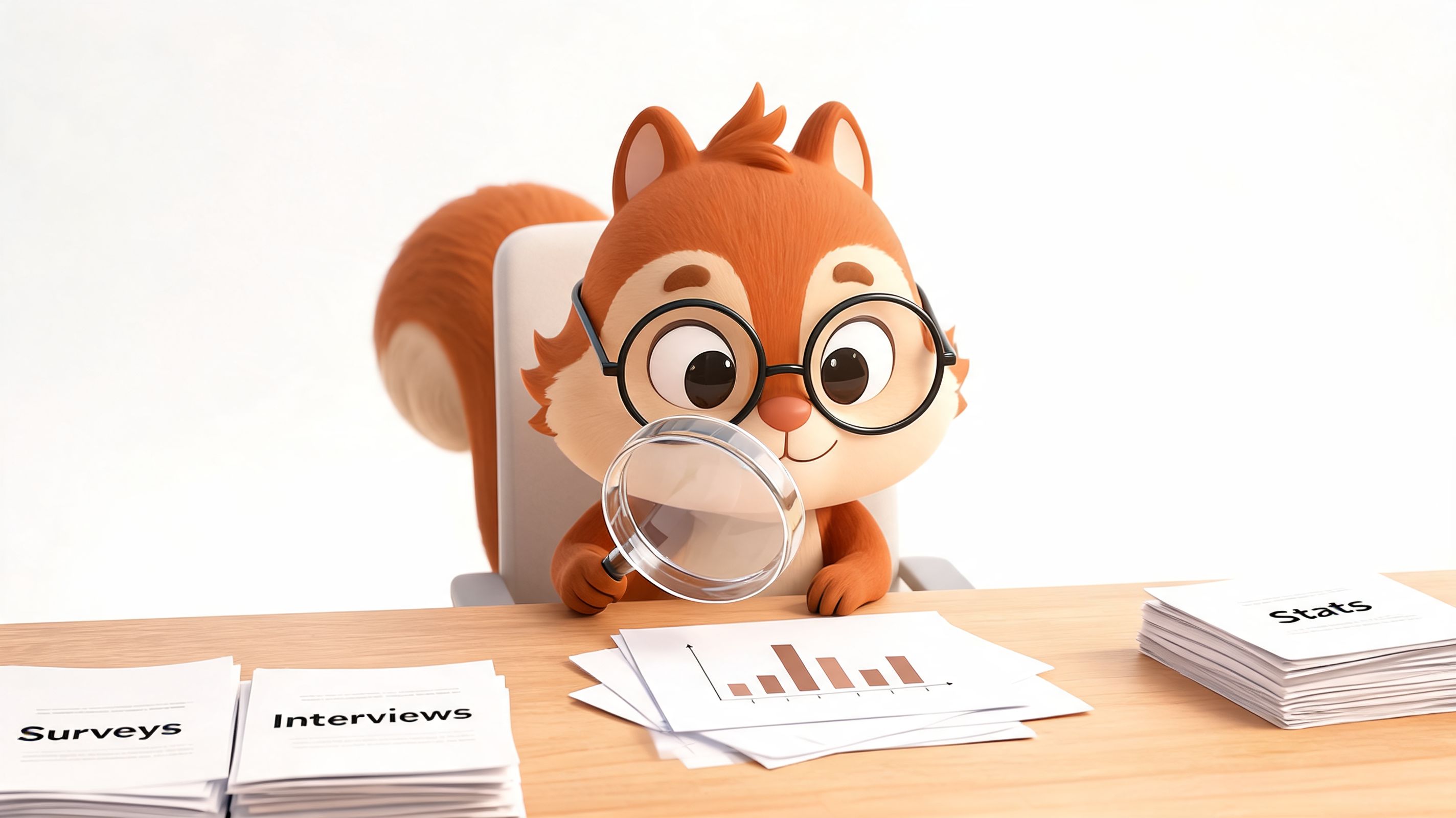 A cute cartoon squirrel with glasses holding a magnifying glass over a document with bar charts.
