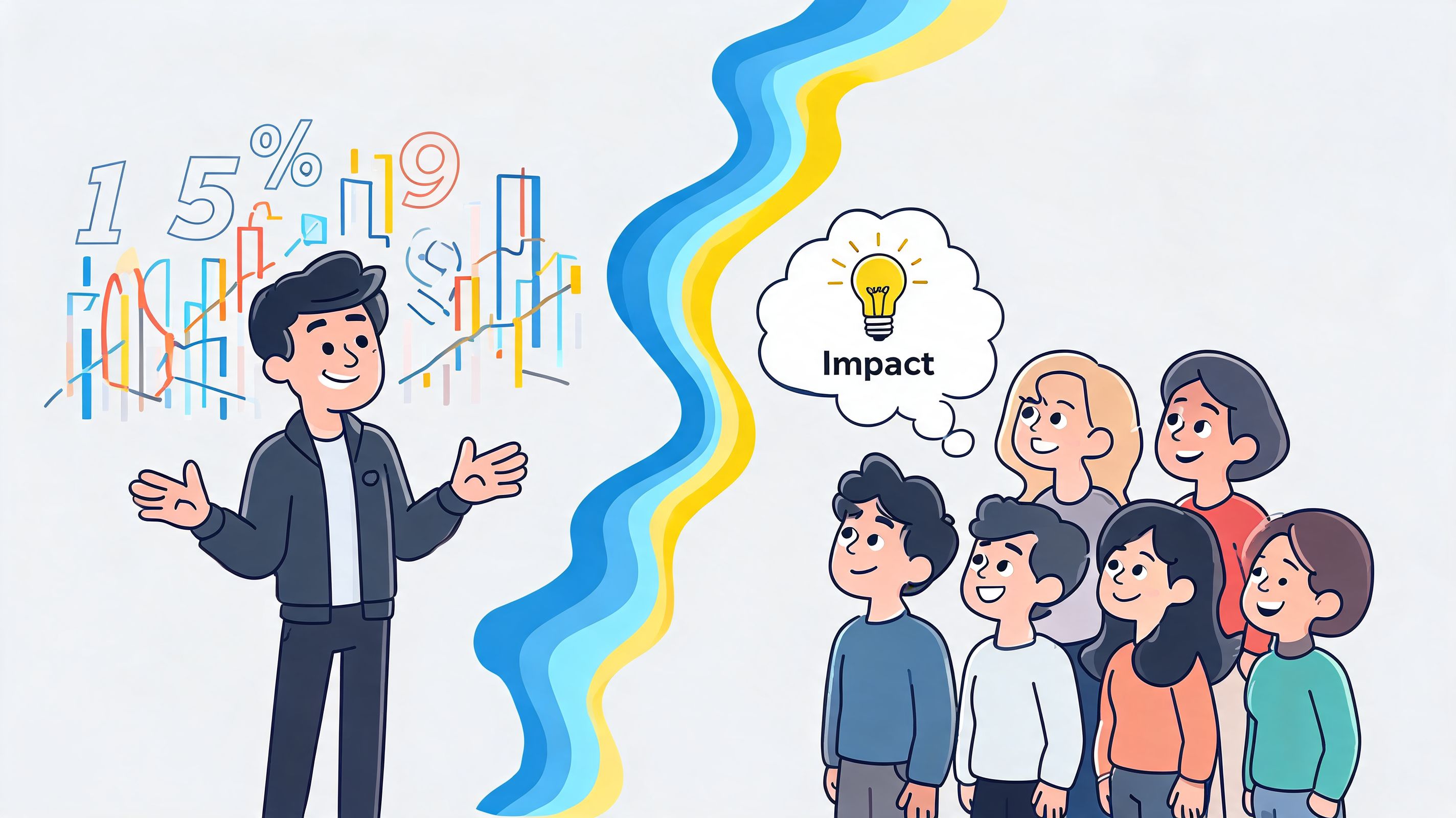 A presenter explaining data and charts to a group of people interested in creating positive impact.