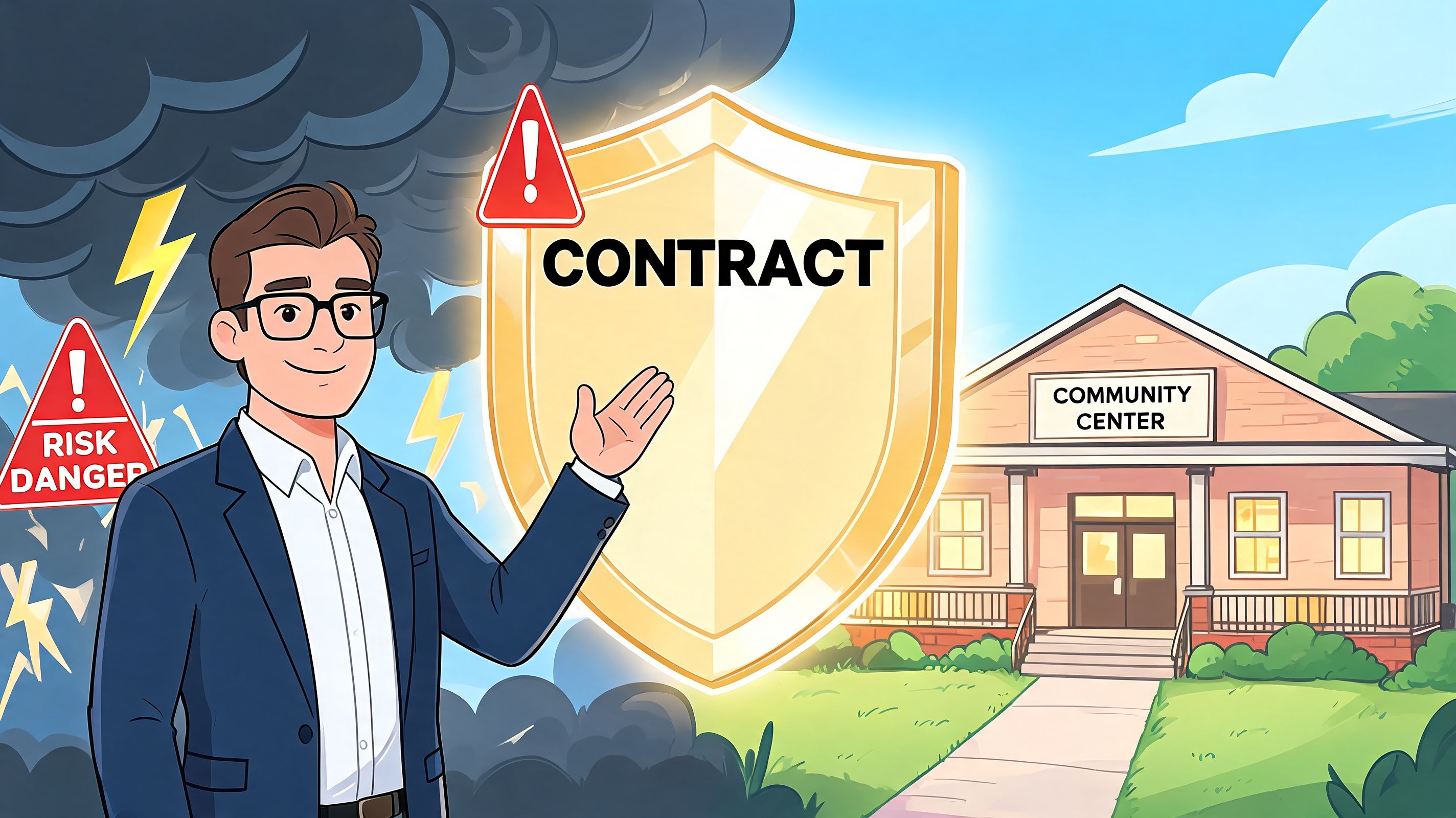 A professional man gesturing toward a golden shield labeled contract with a dangerous stormy background.
