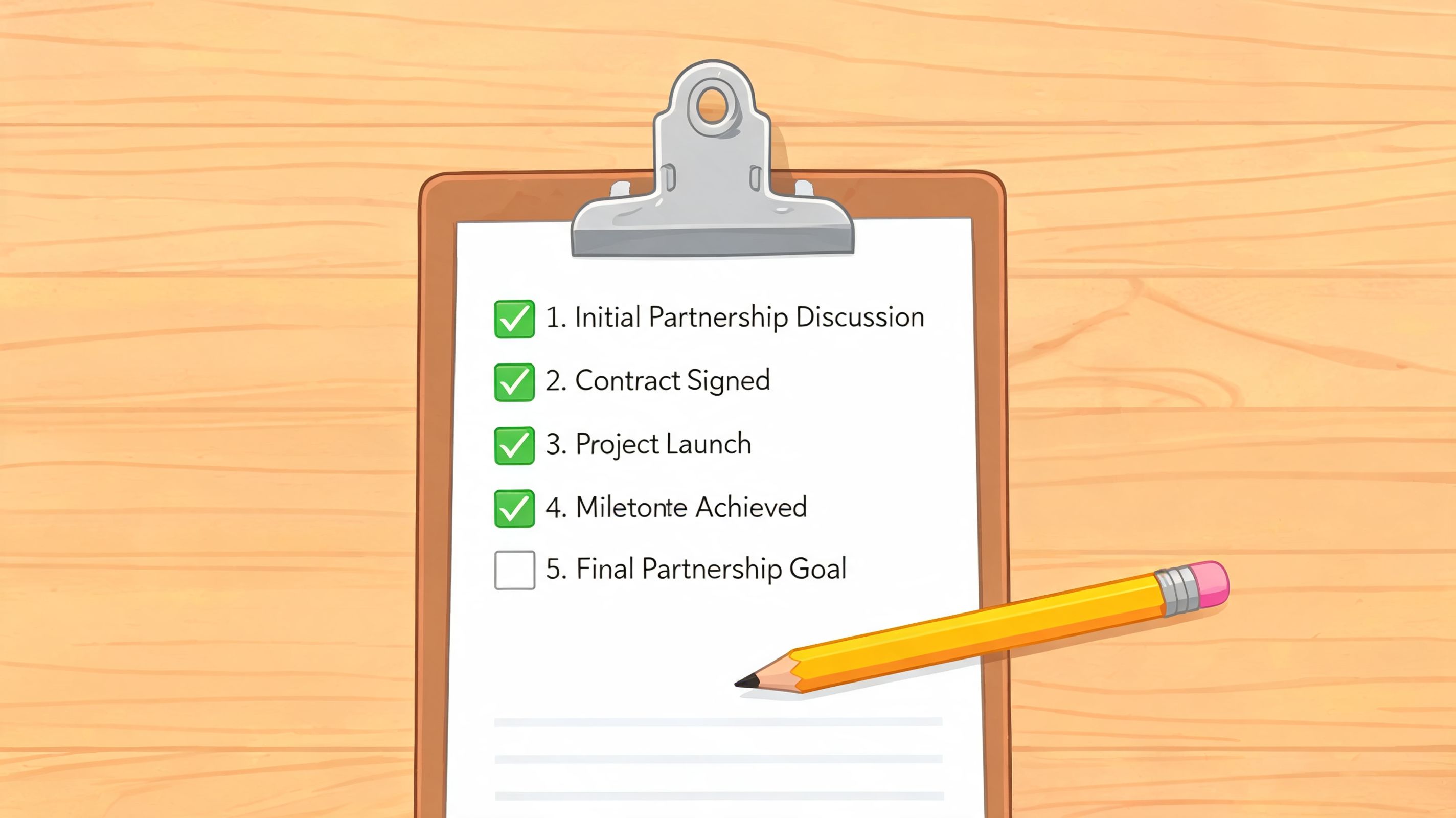 A clipboard on a wooden table displays a checklist with four completed items and one pending milestone.