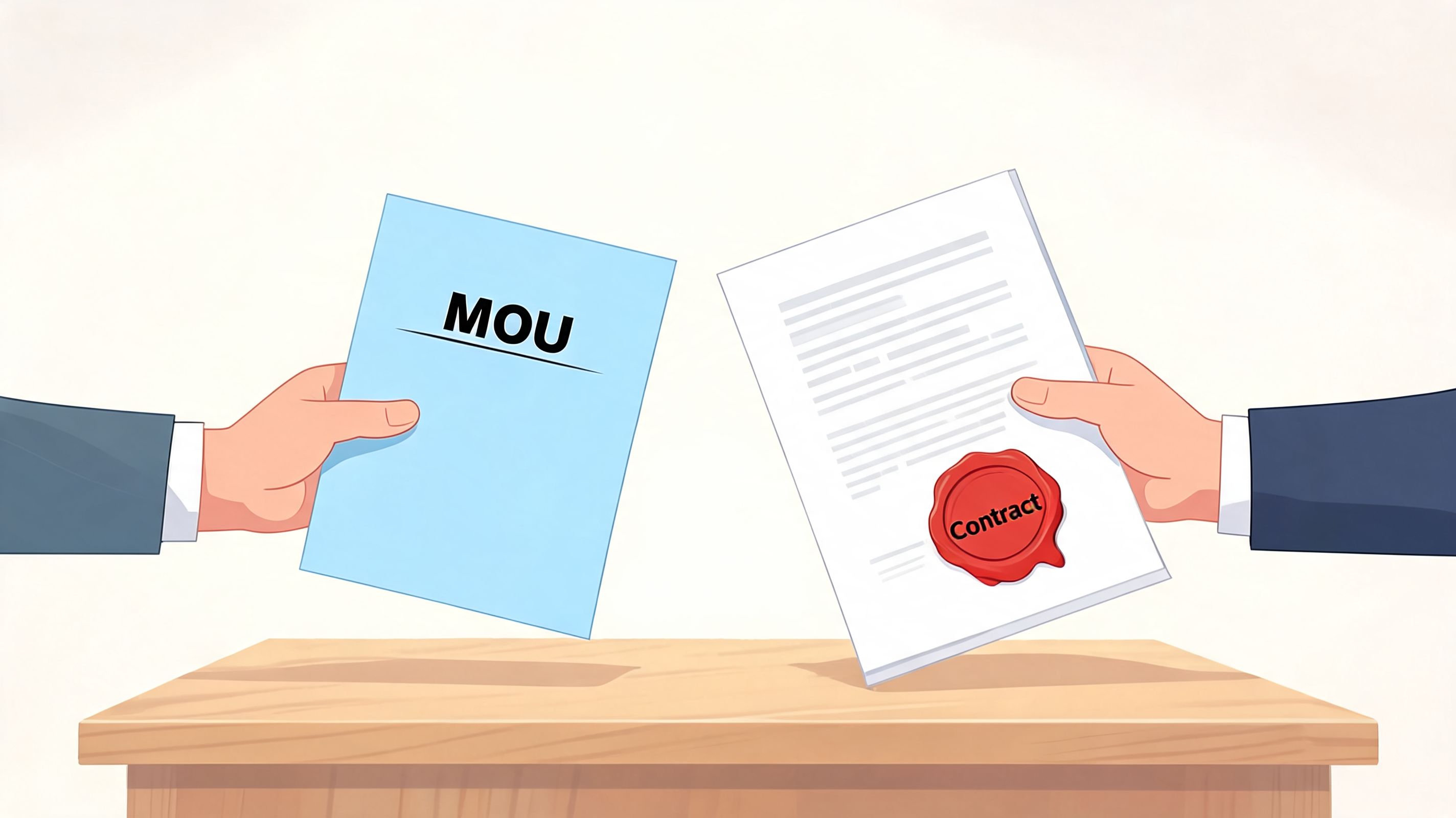 Two hands holding a Memorandum of Understanding document and a signed legal contract over a table.