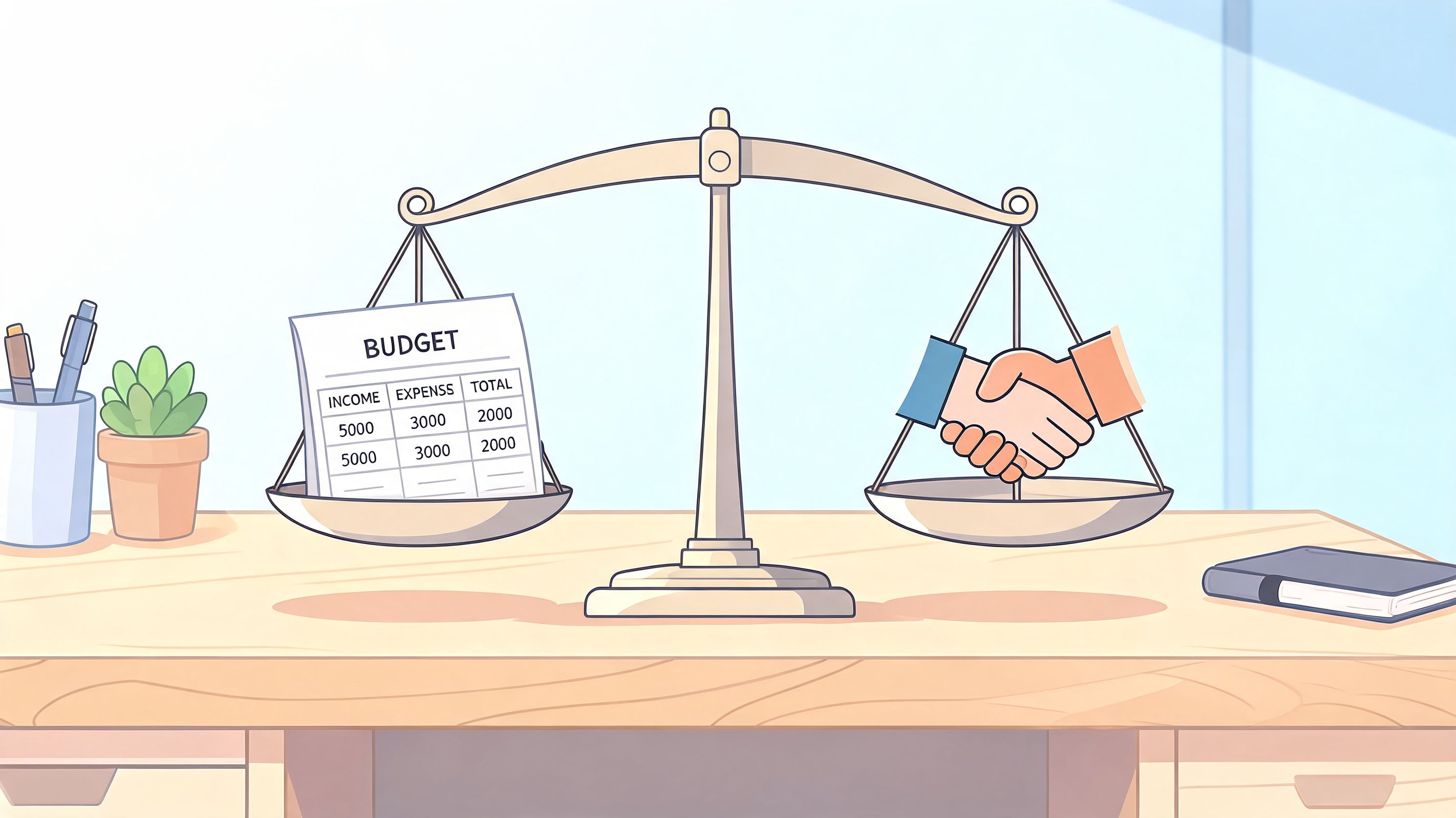 A conceptual illustration of a balance scale comparing a budget financial document with a business handshake.