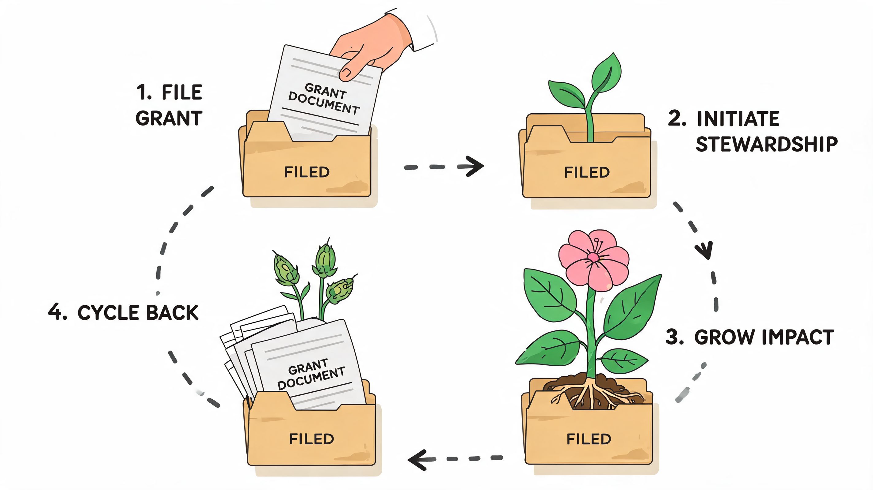 An illustration showing a four-step grant lifecycle process from filing documents to achieving impact and cycling back.