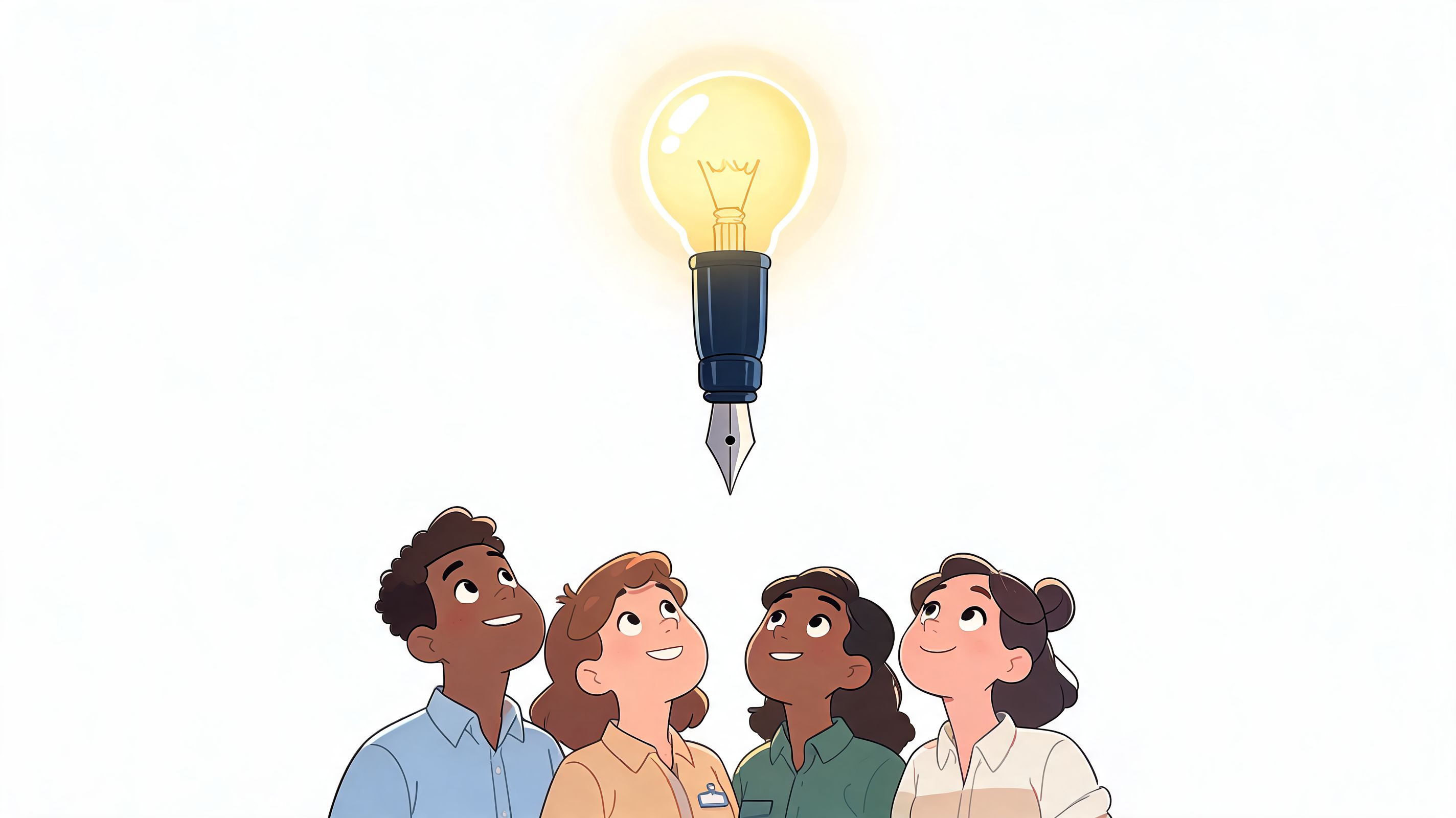 A diverse group of four people looking up at a glowing light bulb shaped like a fountain pen.
