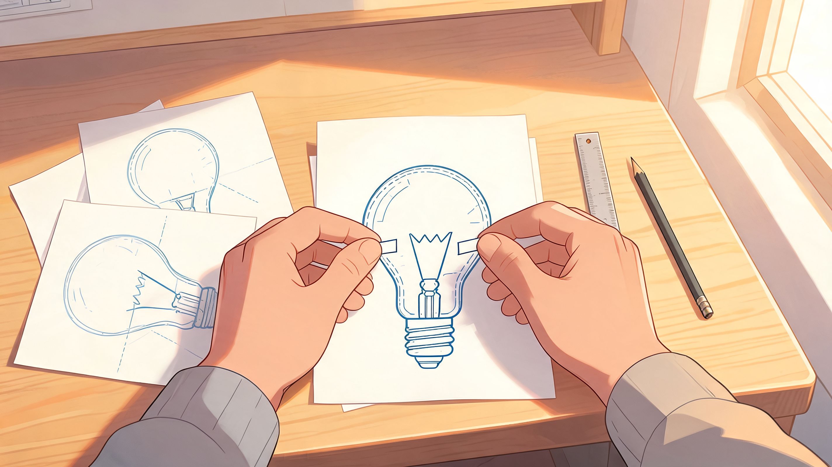 A person sketching a light bulb drawing on white paper while sitting at a wooden desk.