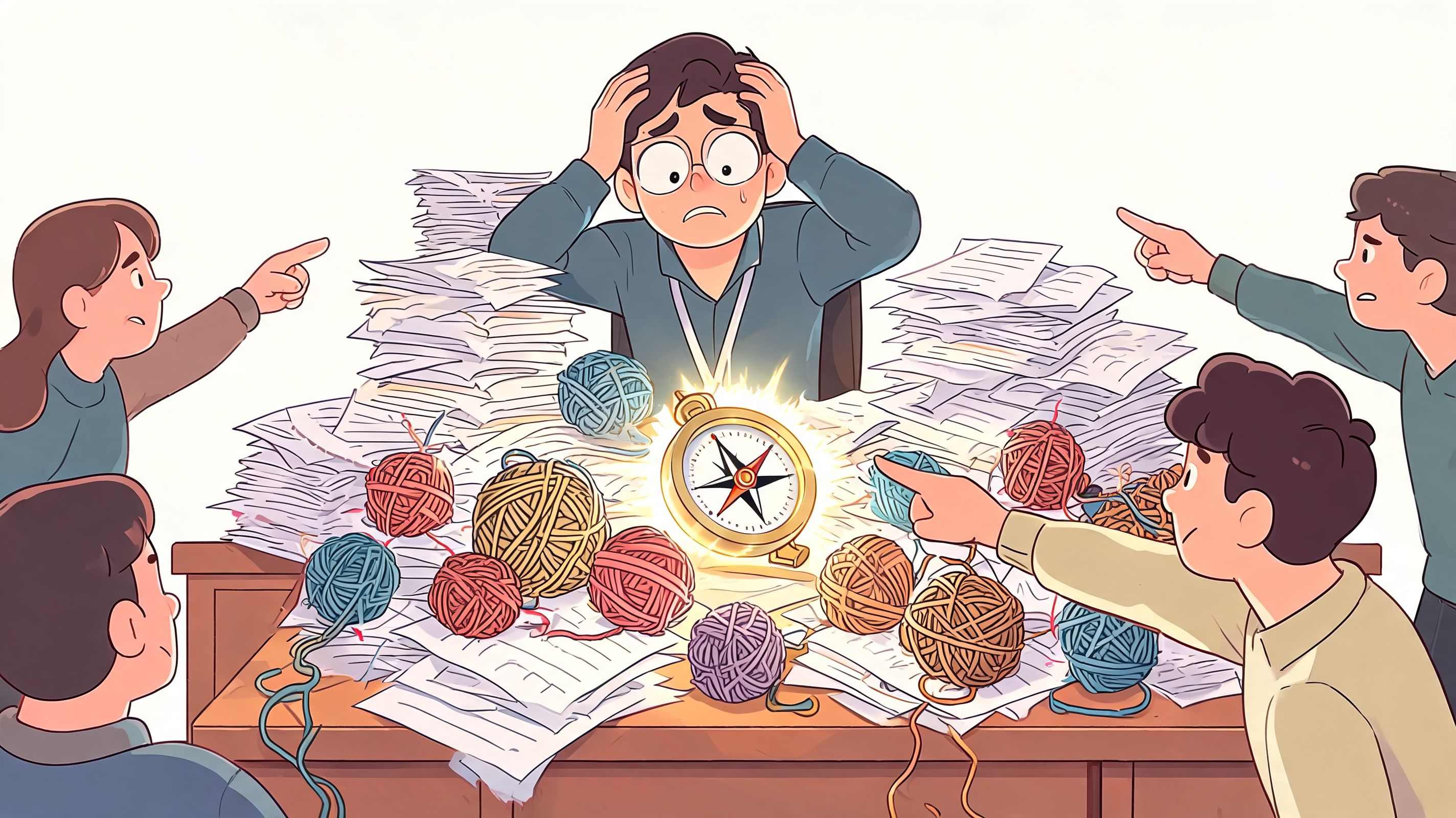 An overwhelmed office worker sits behind a messy desk with documents while colleagues point accusingly.