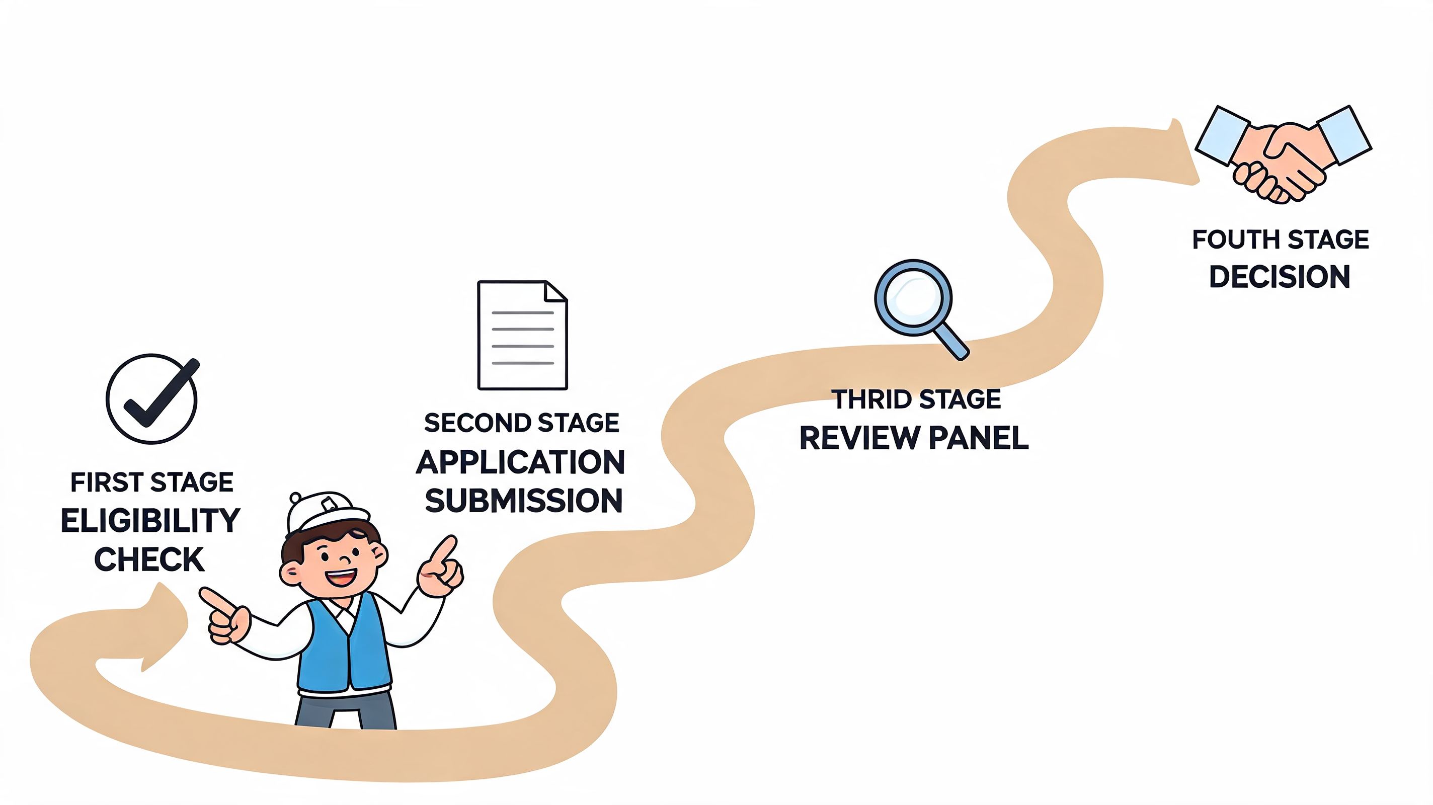 A flowchart showing four stages of an application process from eligibility check to final decision.