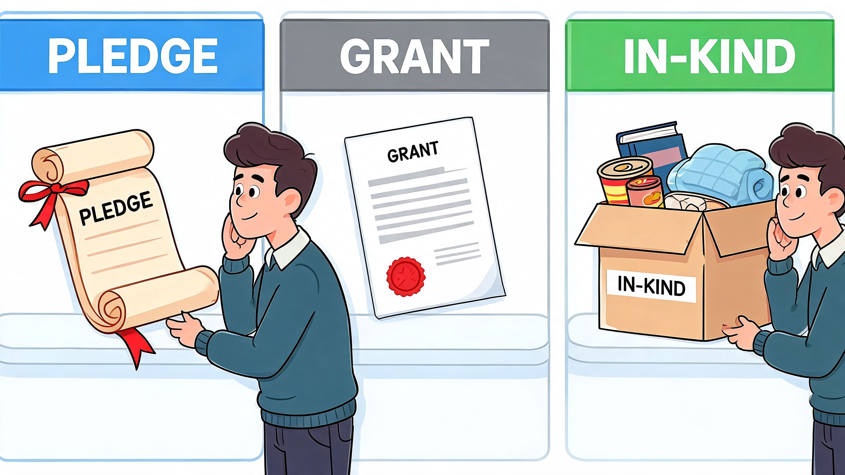 A person illustrating three types of charitable support: a pledge, a grant, and in-kind donation items.