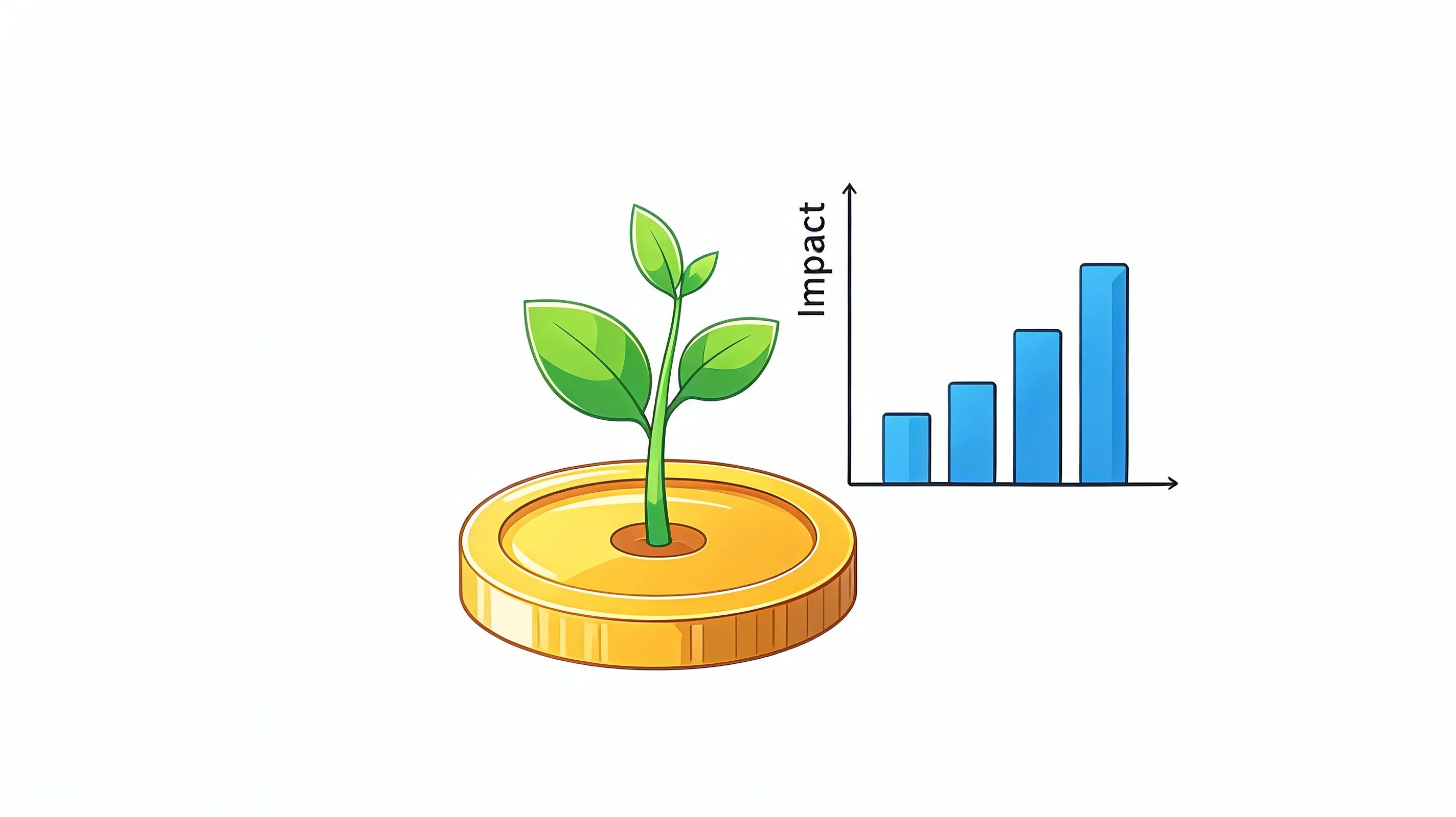 A small green plant growing from a golden coin next to an upward trending bar chart.