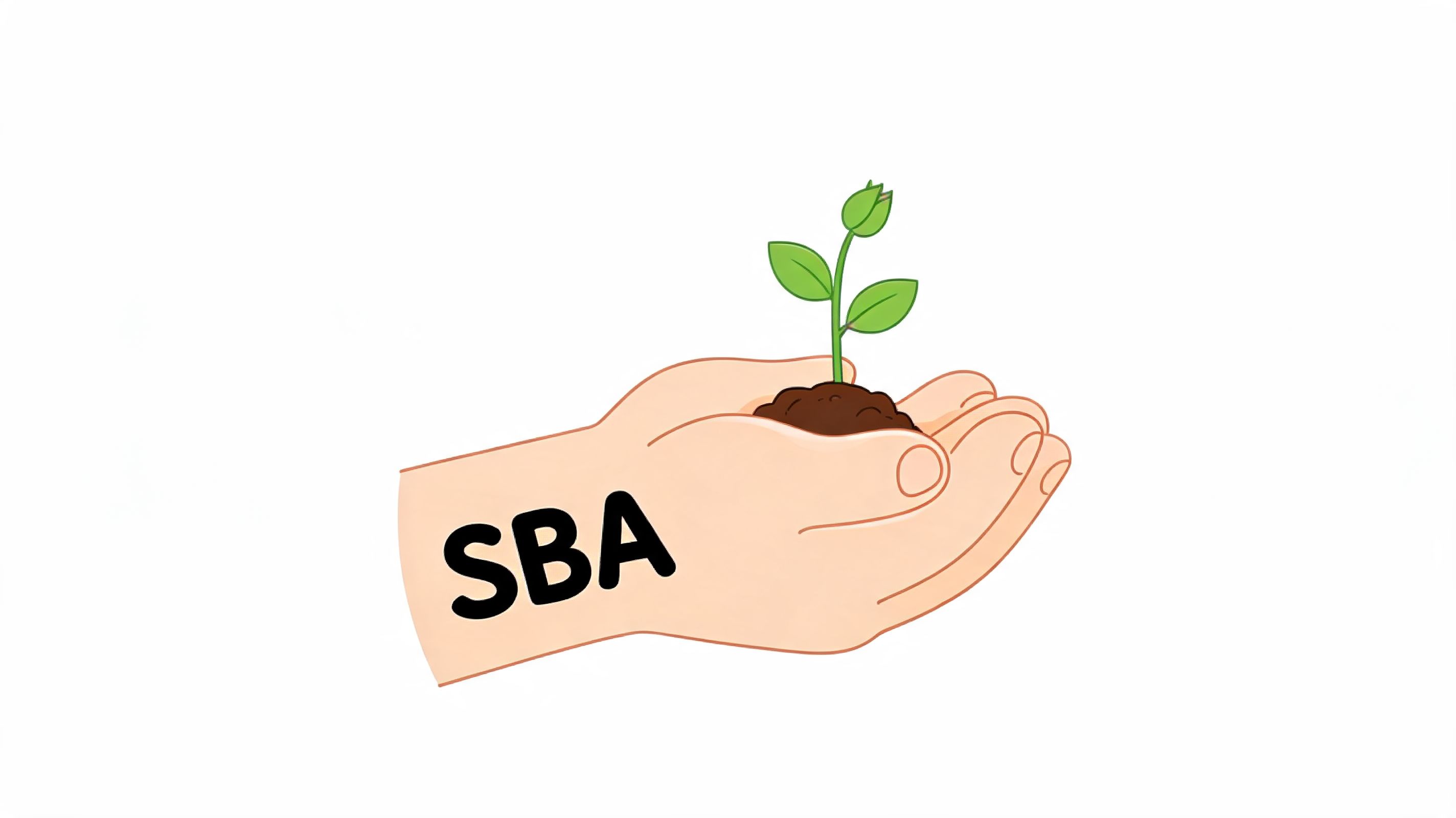 A hand holding a small green plant growing out of soil with the letters SBA written on it.