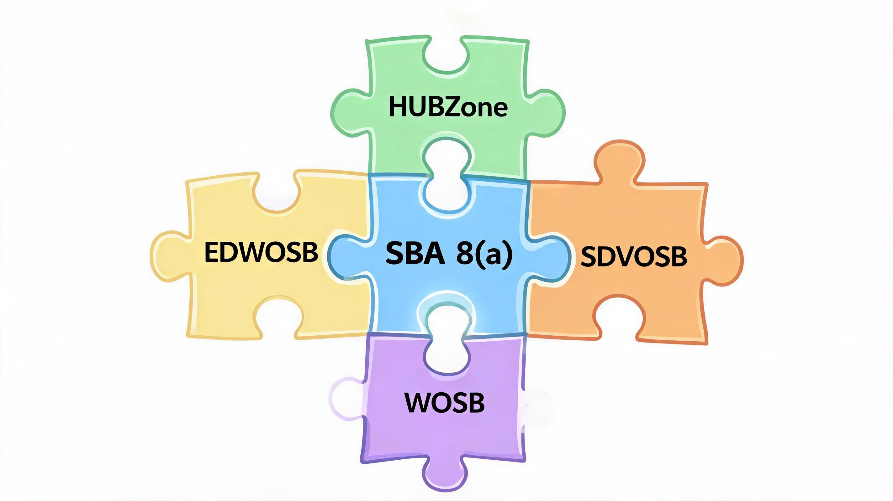 A puzzle diagram showing SBA 8(a) in the center with surrounding federal business certification programs.