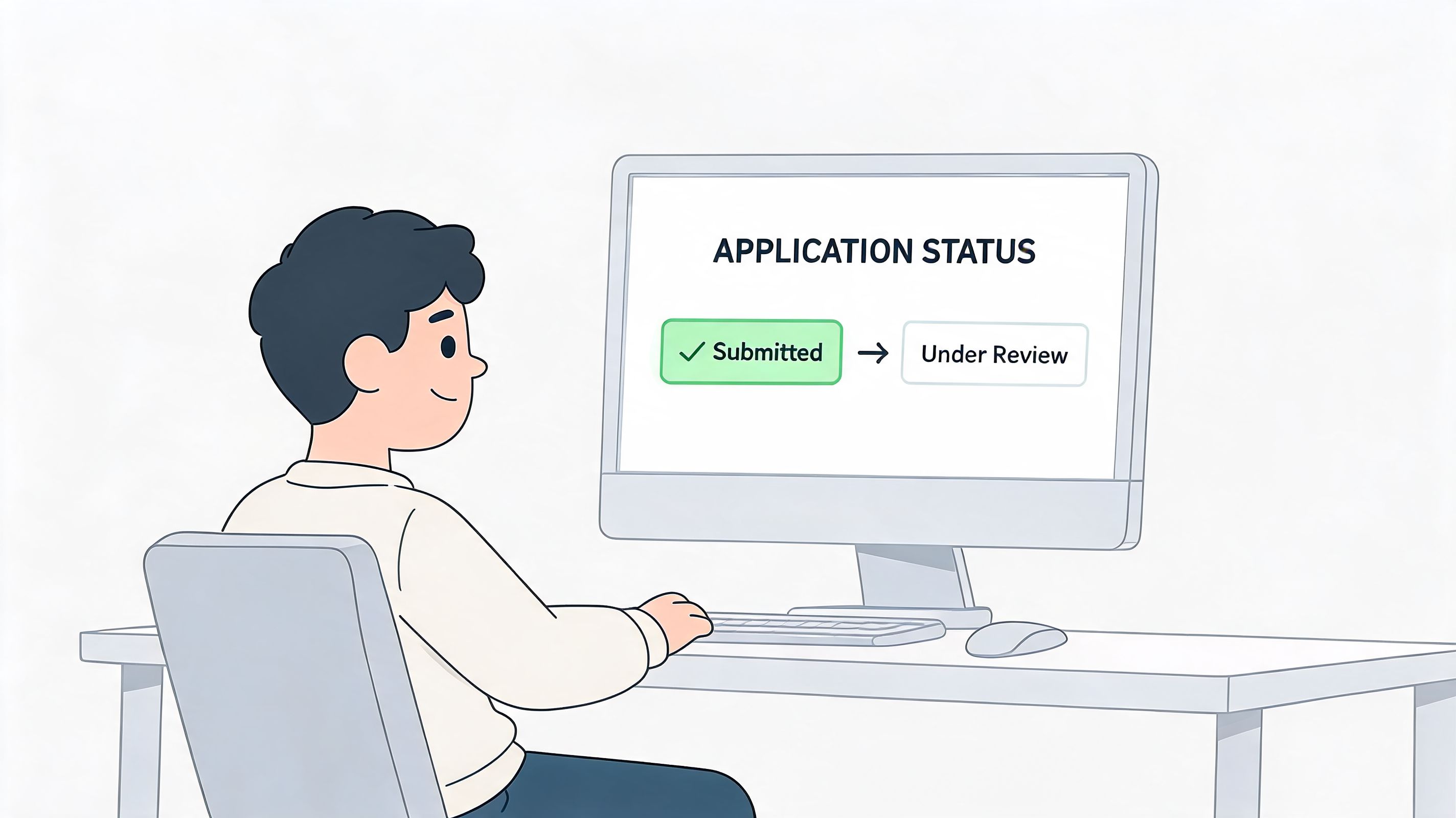 A young man sitting at his computer checking the status of his application which is under review.