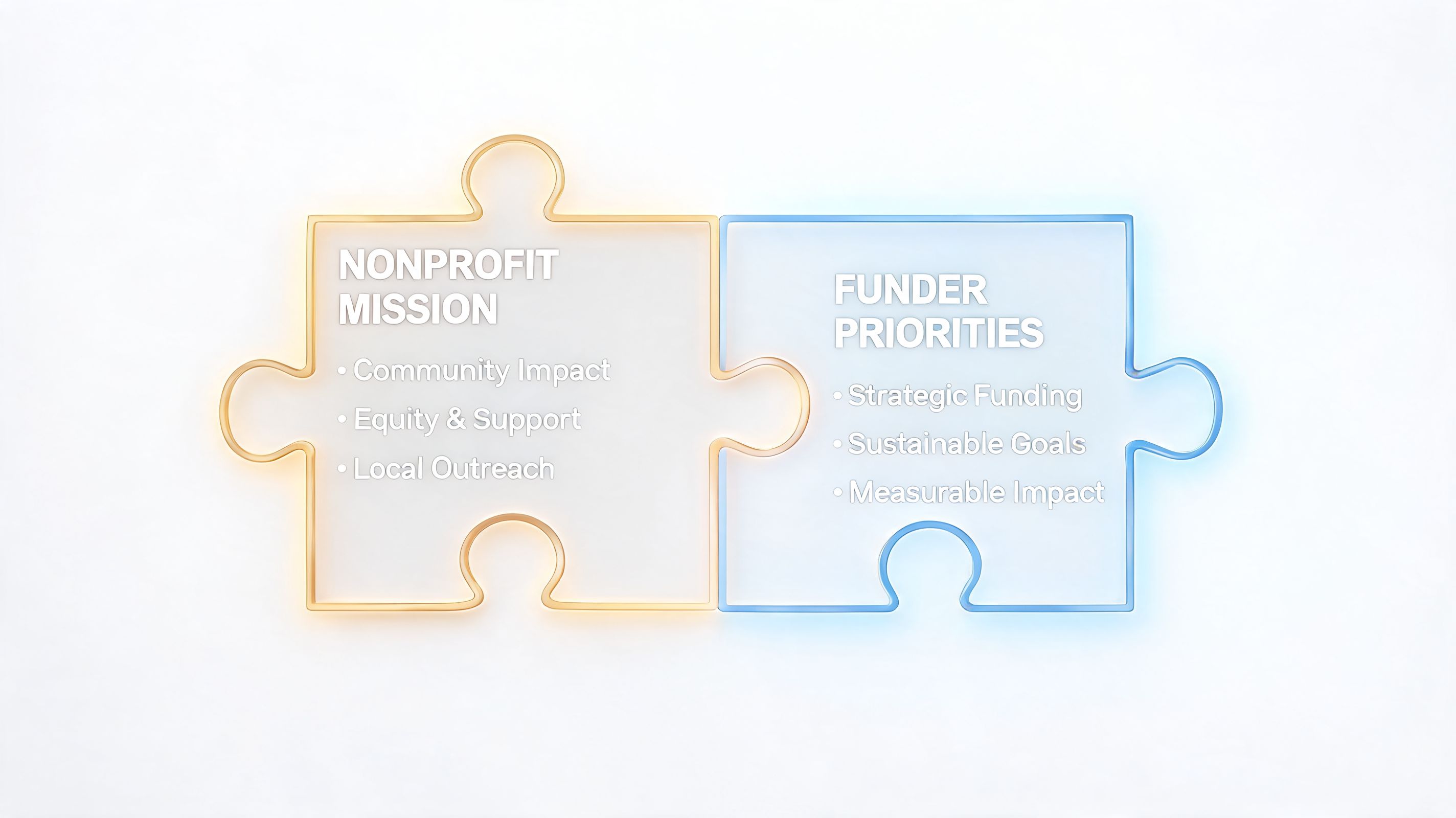 Two puzzle pieces representing the connection between nonprofit mission priorities and strategic funder goals for grant alignment.