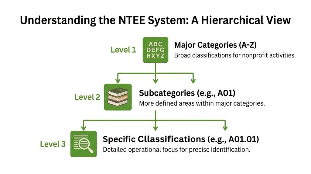 A diagram illustrating the three-level hierarchical structure of the NTEE classification system for nonprofit organizations.