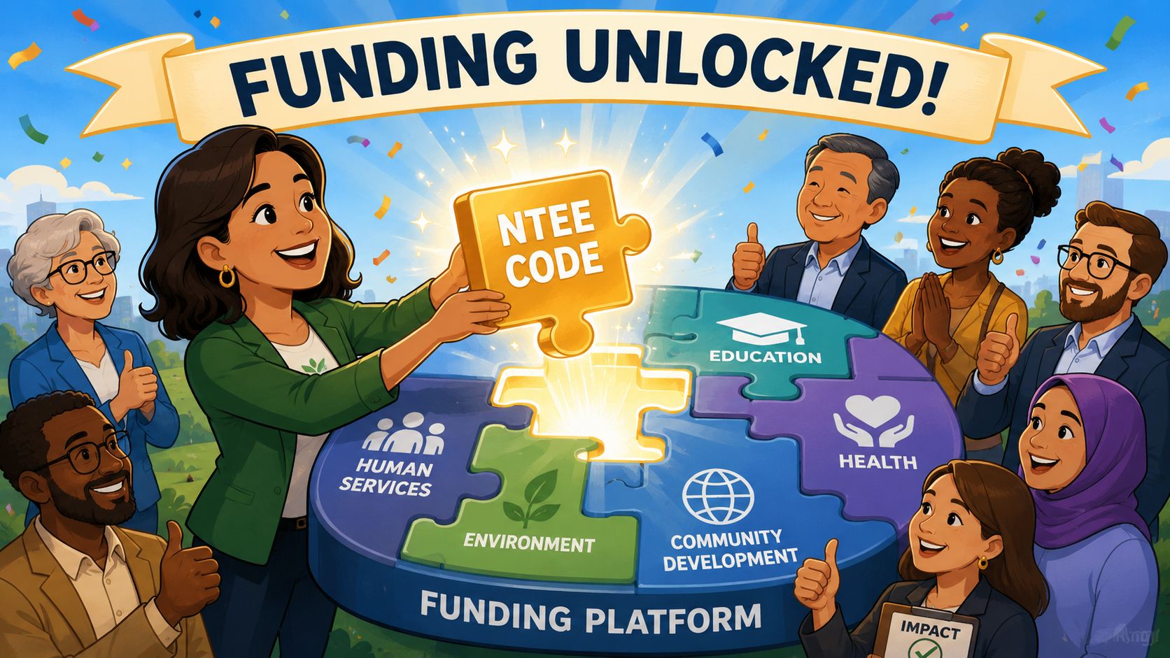 A diverse group of professional people celebrating the successful integration of an NTEE code puzzle piece.