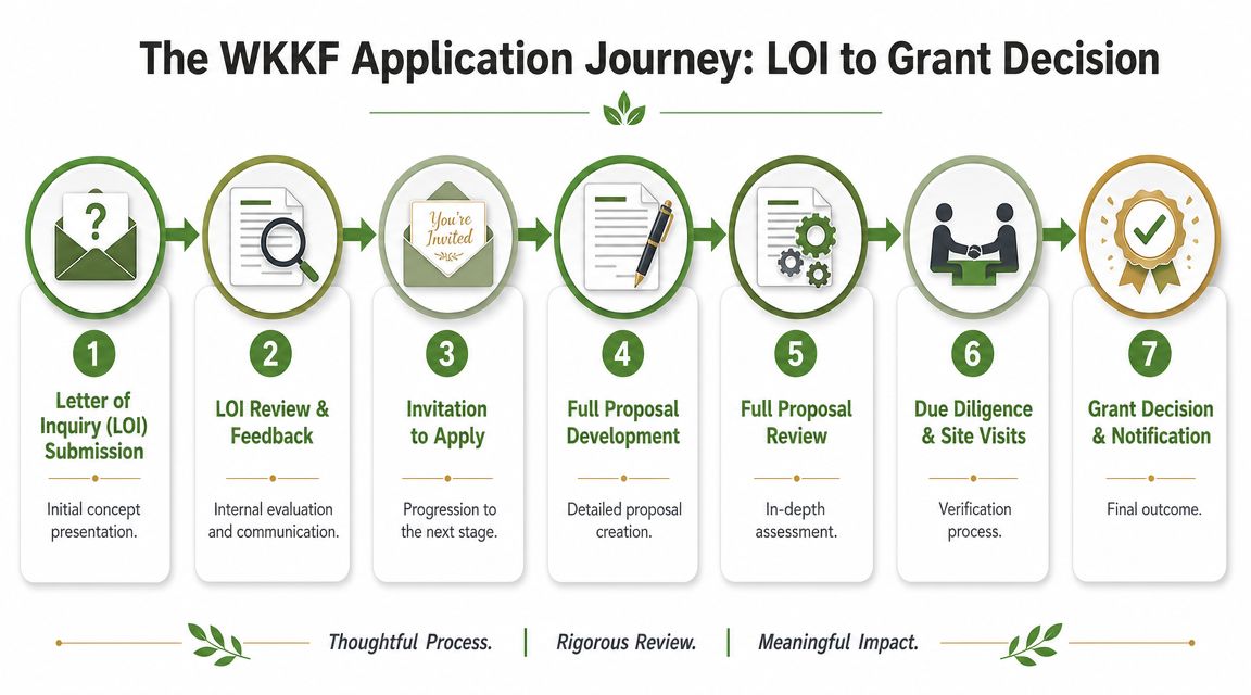 An infographic showing the seven-step WKKF grant application process from initial inquiry to final decision notification.