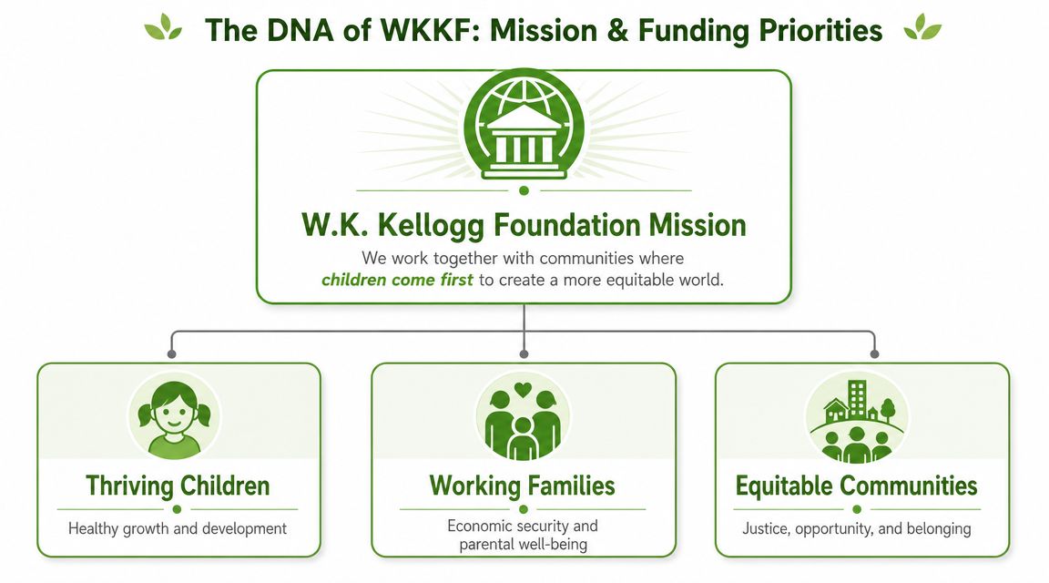 A diagram outlining the W.K. Kellogg Foundation's mission, focusing on children, working families, and equitable communities.