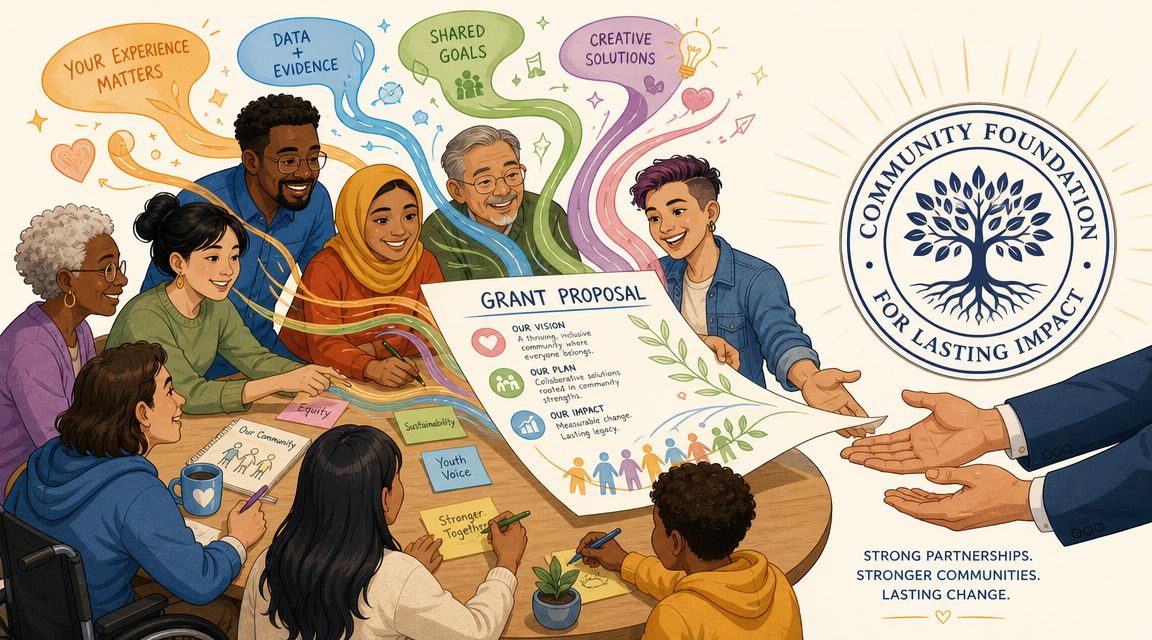 A diverse group of community members collaborating around a table on a grant proposal for a foundation.